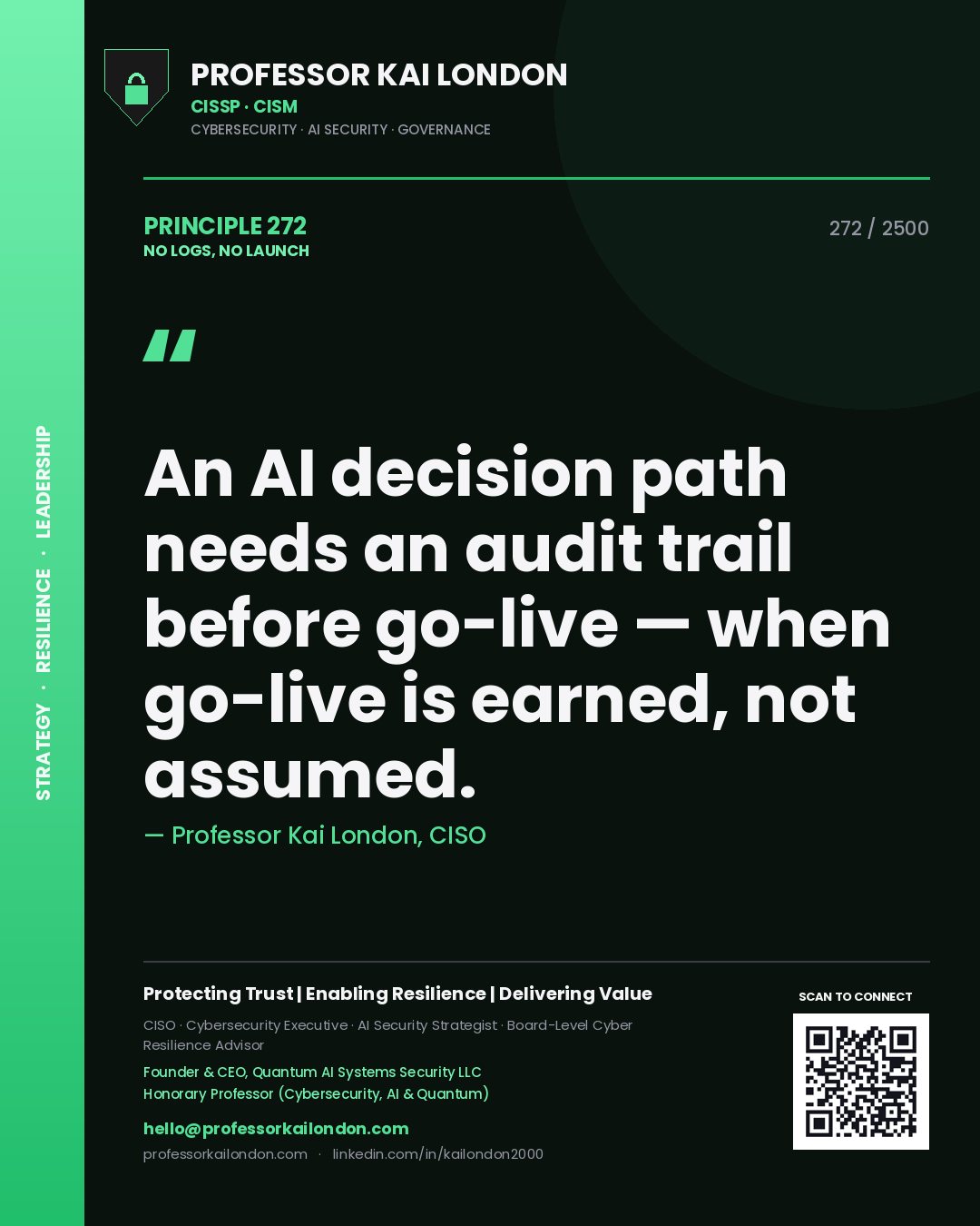 Professor Kai London principle 272: An AI decision path needs an audit trail before go-live — when go-live is earned, not assumed.