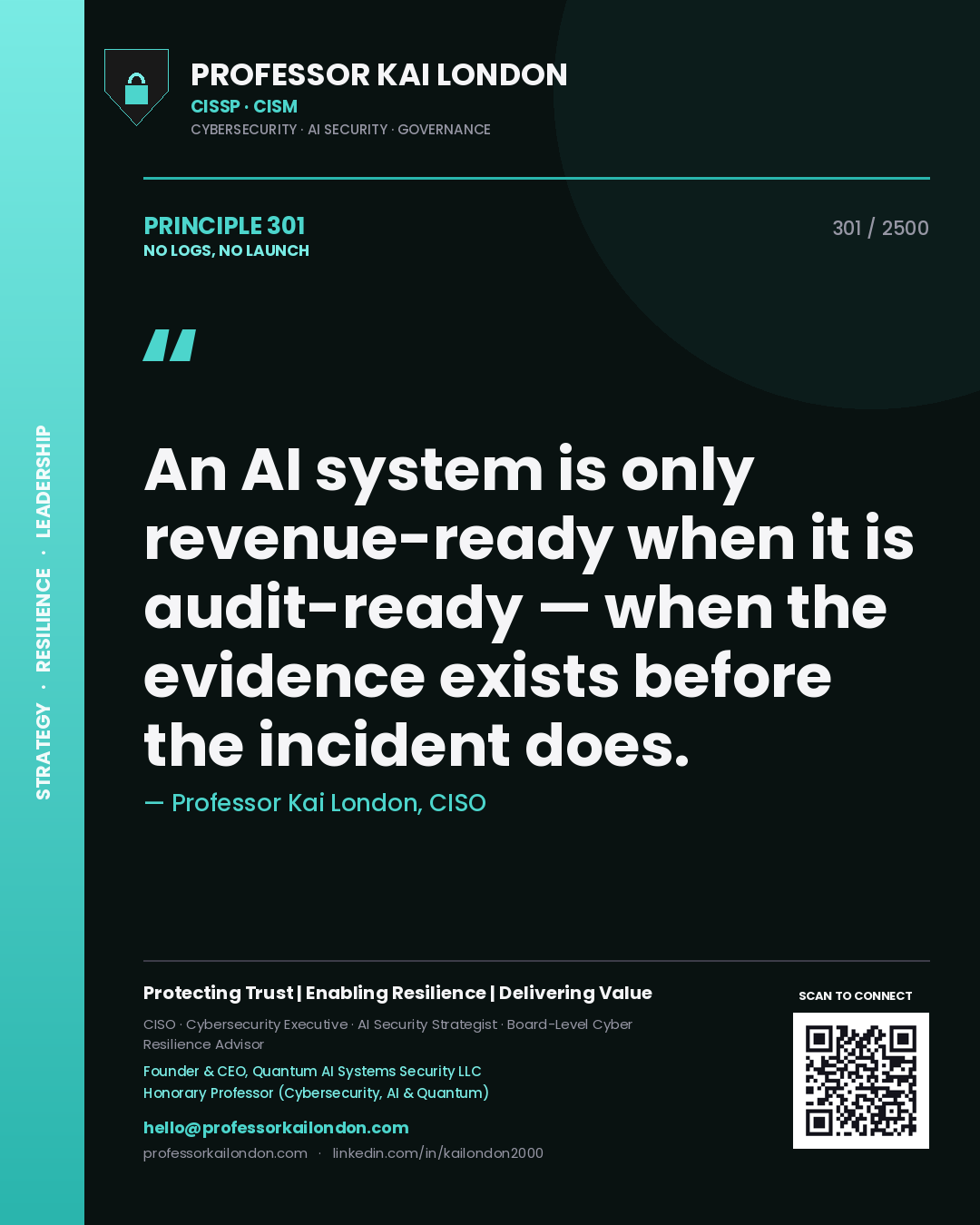Professor Kai London principle 301: An AI system is only revenue-ready when it is audit-ready — when the evidence exists before the incident does.