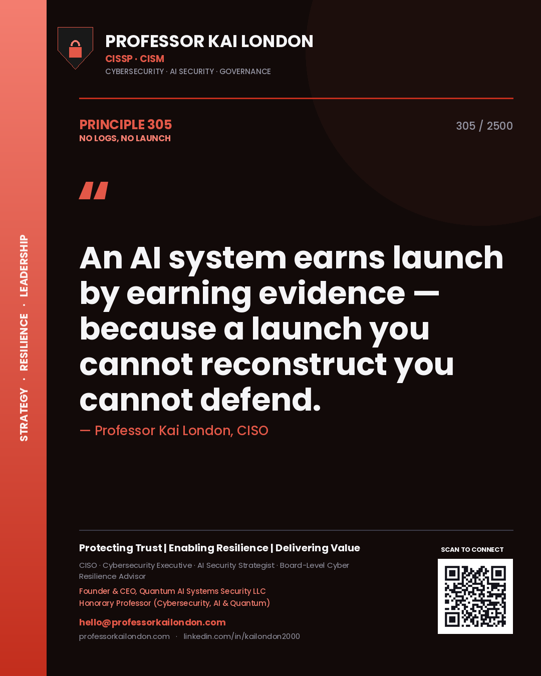 Professor Kai London principle 305: An AI system earns launch by earning evidence — because a launch you cannot reconstruct you cannot defend.