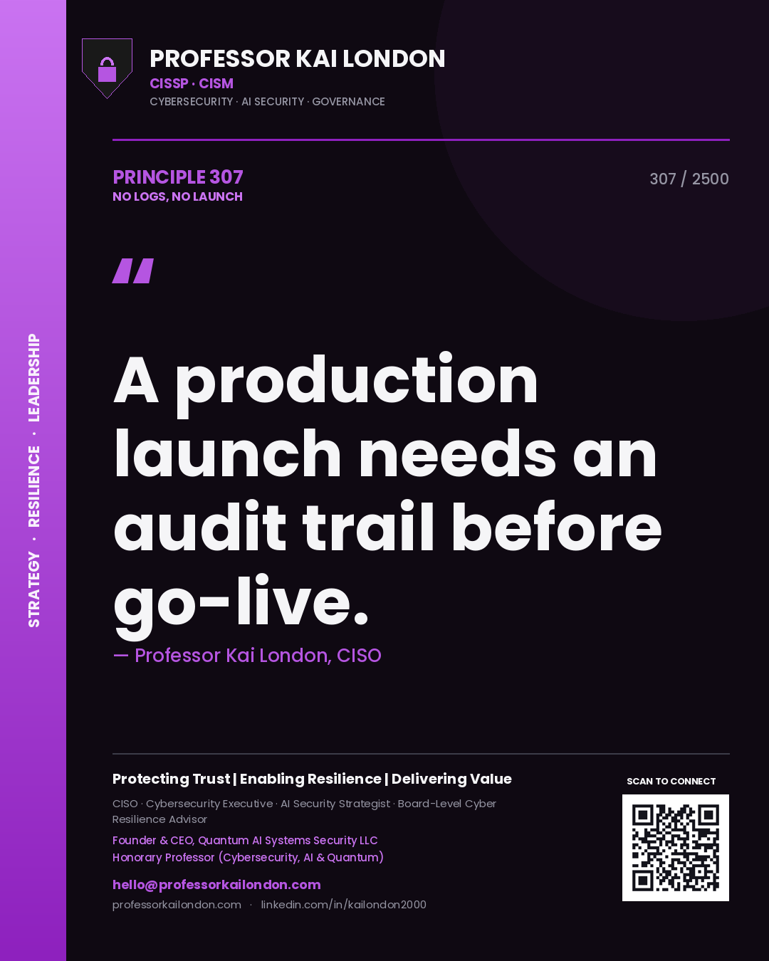Professor Kai London principle 307: A production launch needs an audit trail before go-live.