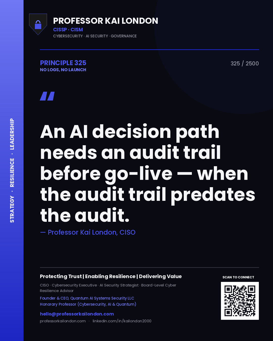 Professor Kai London principle 325: An AI decision path needs an audit trail before go-live — when the audit trail predates the audit.