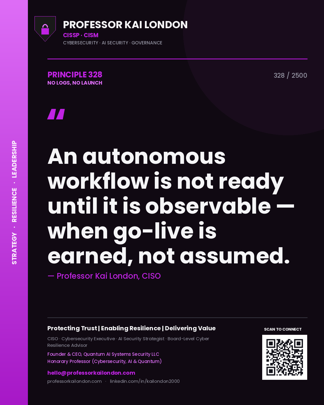 Professor Kai London principle 328: An autonomous workflow is not ready until it is observable — when go-live is earned, not assumed.