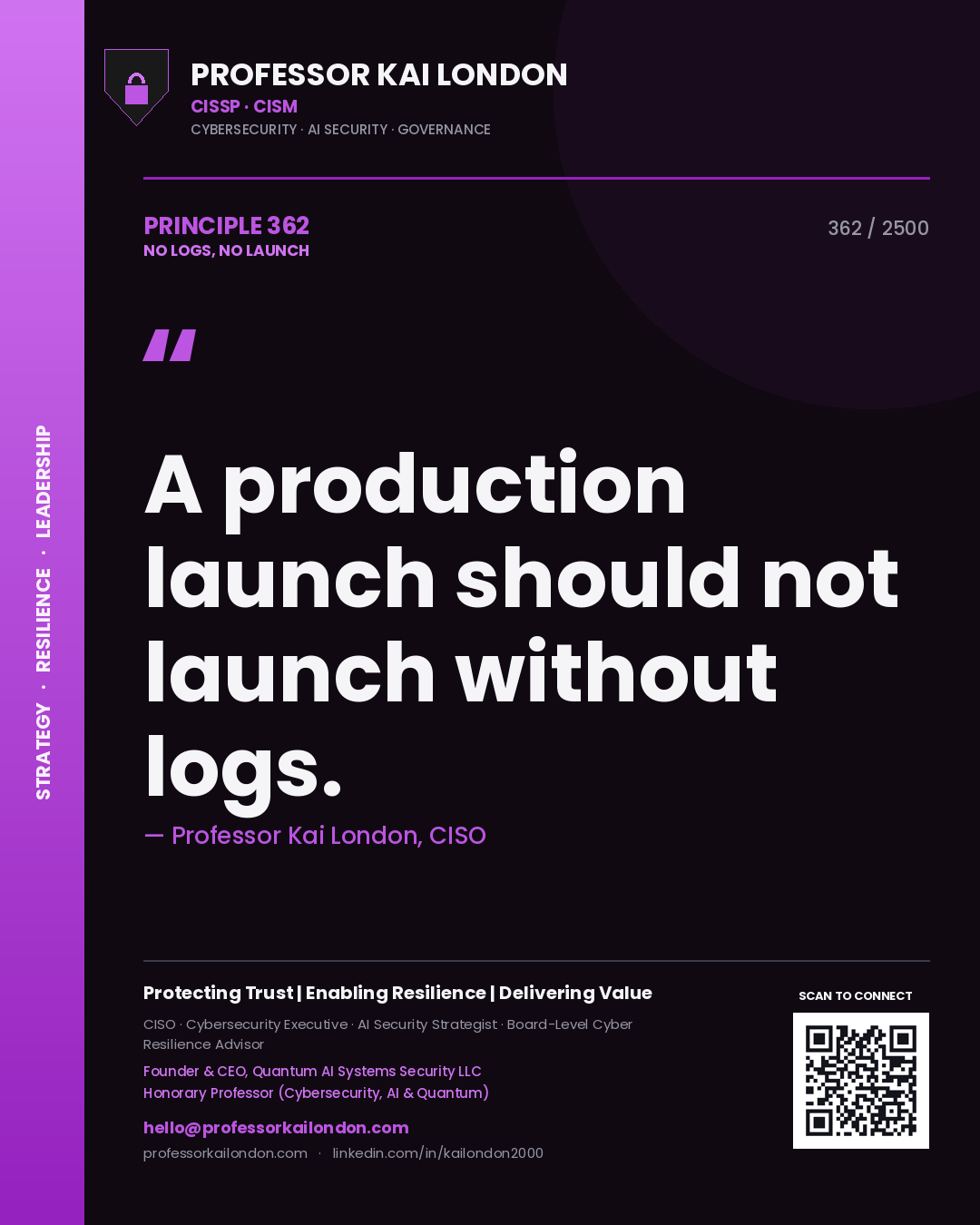 Professor Kai London principle 362: A production launch should not launch without logs.