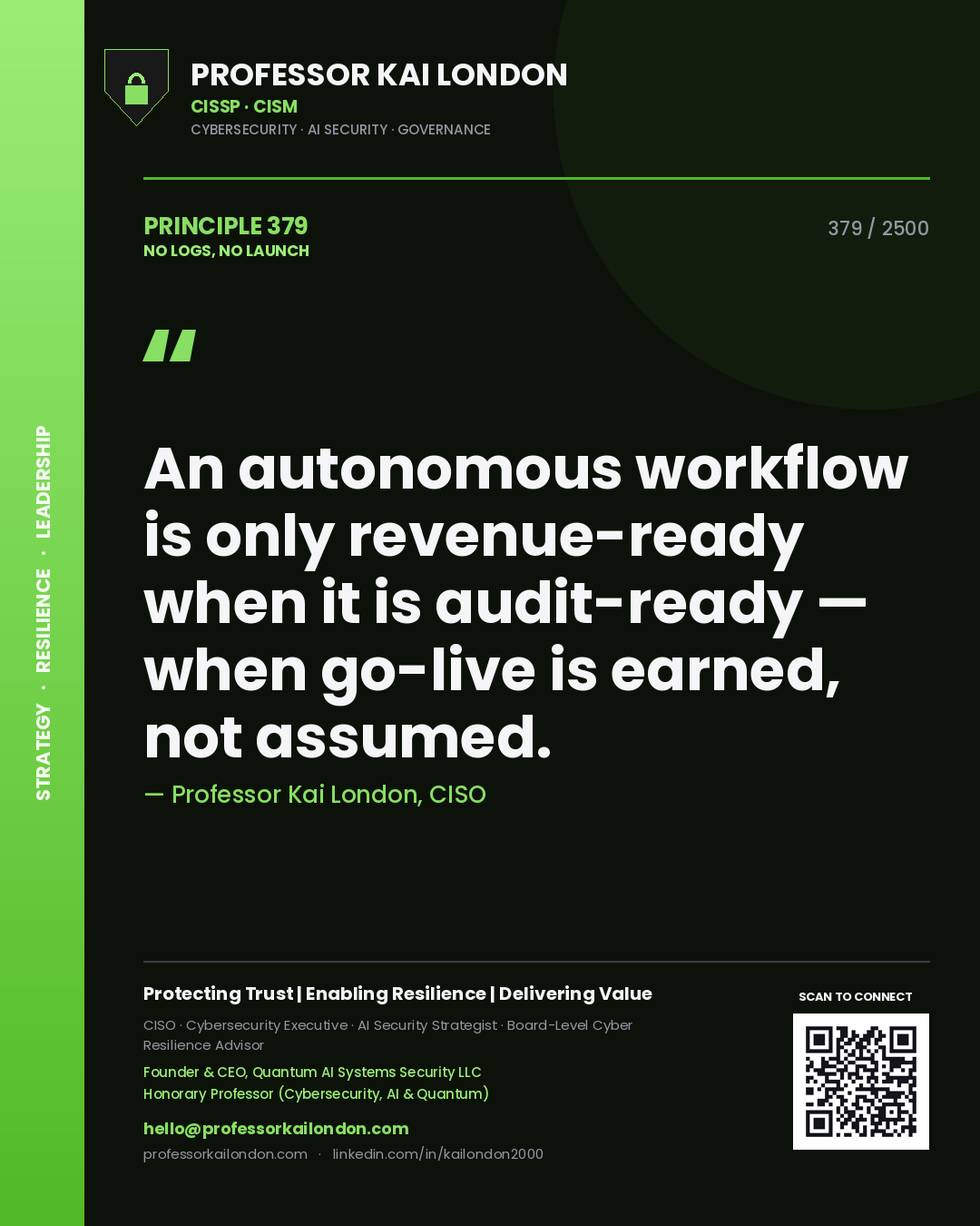 Professor Kai London principle 379: An autonomous workflow is only revenue-ready when it is audit-ready — when go-live is earned, not assumed.