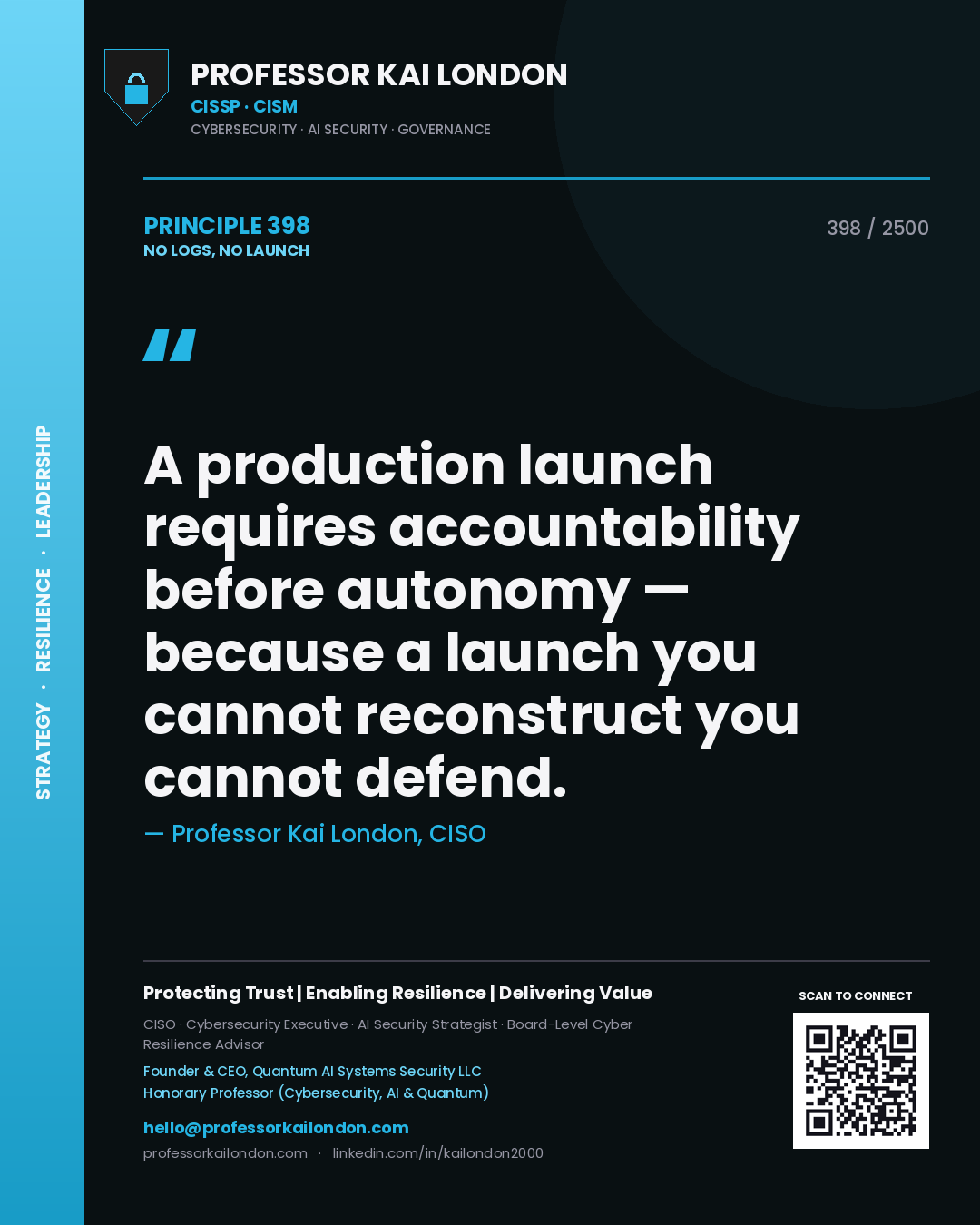 Professor Kai London principle 398: A production launch requires accountability before autonomy — because a launch you cannot reconstruct you cannot defend.