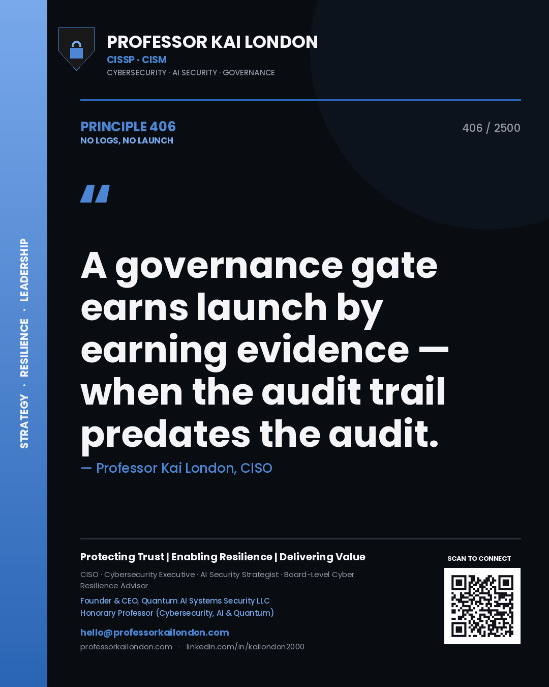 Professor Kai London principle 406: A governance gate earns launch by earning evidence — when the audit trail predates the audit.