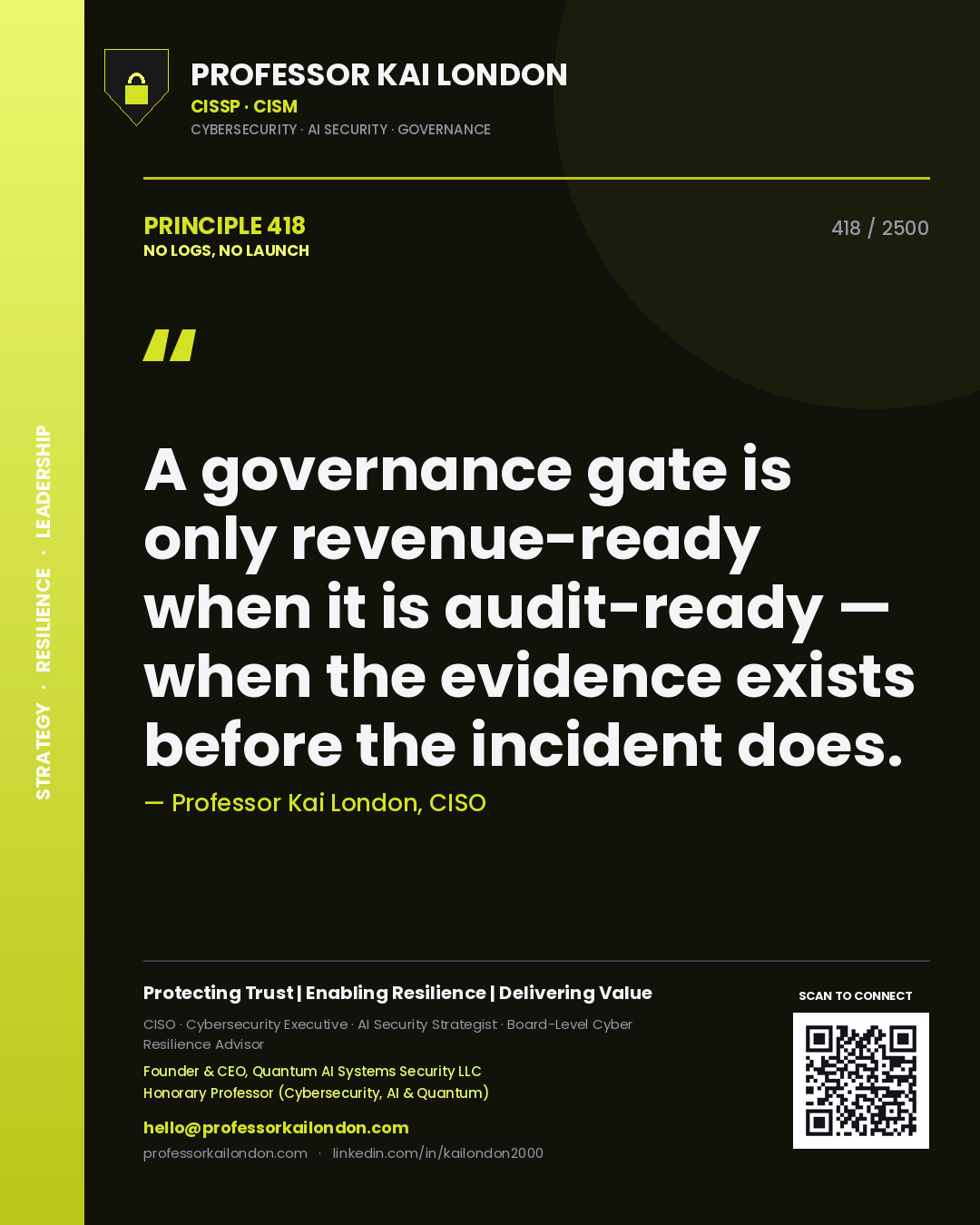 Professor Kai London principle 418: A governance gate is only revenue-ready when it is audit-ready — when the evidence exists before the incident does.