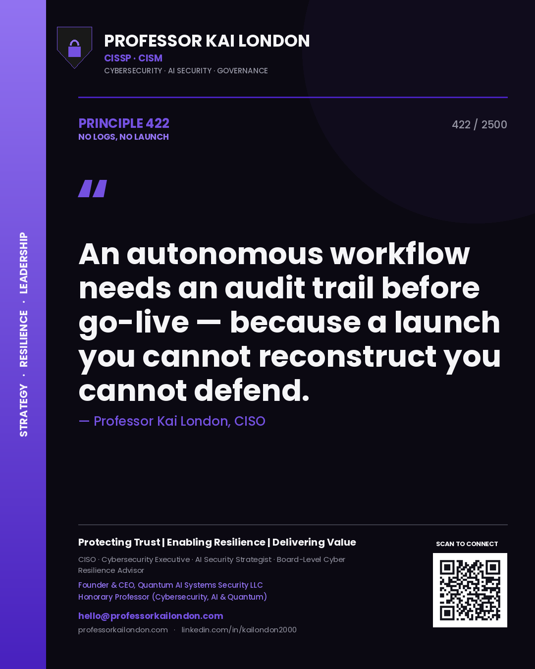 Professor Kai London principle 422: An autonomous workflow needs an audit trail before go-live — because a launch you cannot reconstruct you cannot defend.