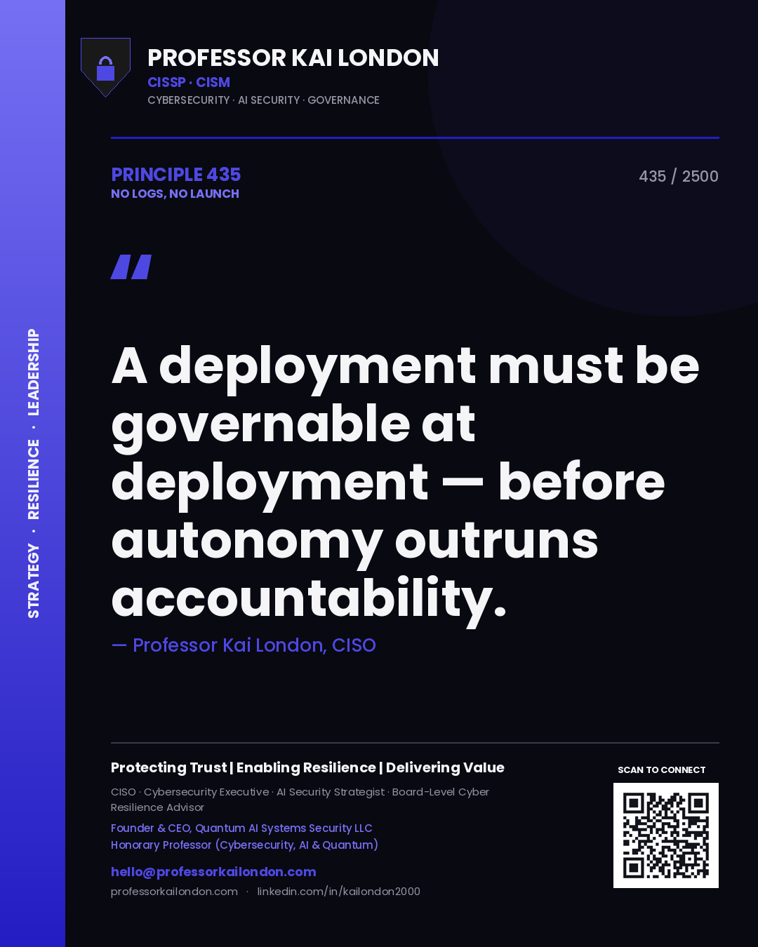 Professor Kai London principle 435: A deployment must be governable at deployment — before autonomy outruns accountability.