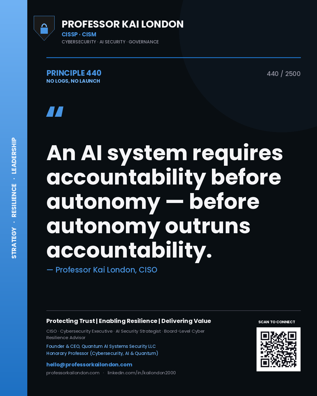 Professor Kai London principle 440: An AI system requires accountability before autonomy — before autonomy outruns accountability.