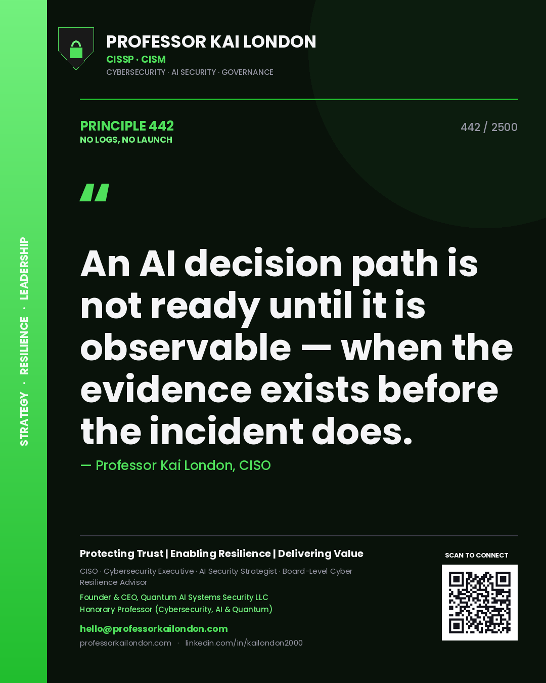 Professor Kai London principle 442: An AI decision path is not ready until it is observable — when the evidence exists before the incident does.