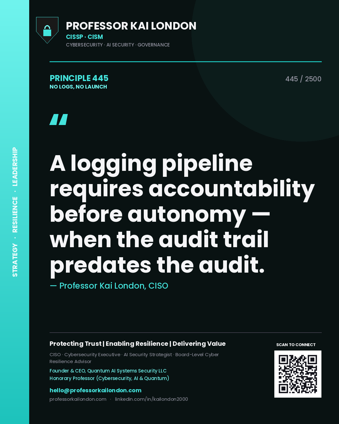 Professor Kai London principle 445: A logging pipeline requires accountability before autonomy — when the audit trail predates the audit.