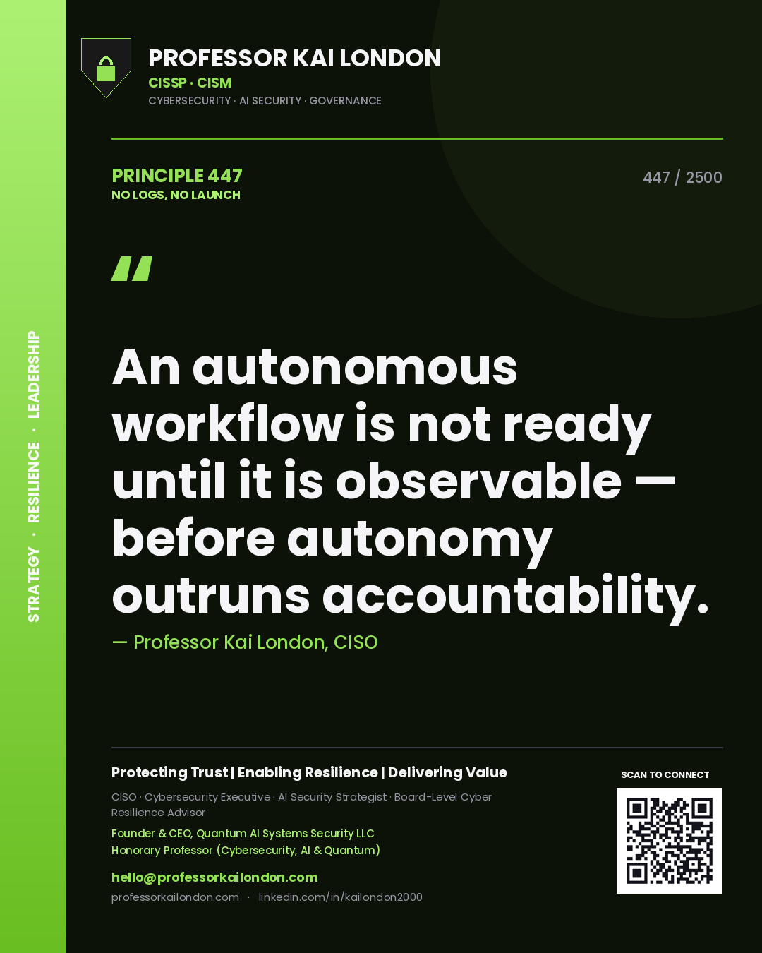 Professor Kai London principle 447: An autonomous workflow is not ready until it is observable — before autonomy outruns accountability.