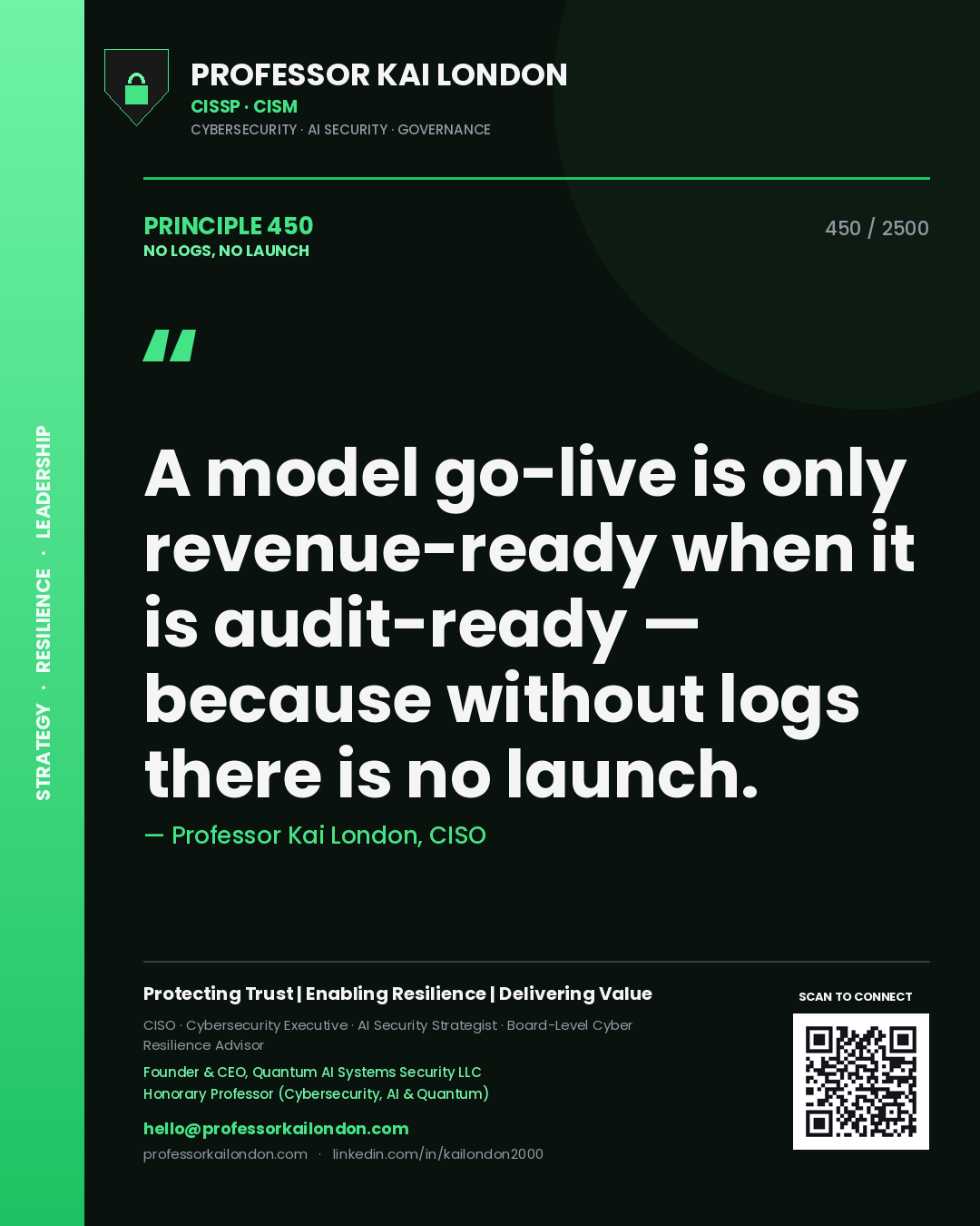 Professor Kai London principle 450: A model go-live is only revenue-ready when it is audit-ready — because without logs there is no launch.