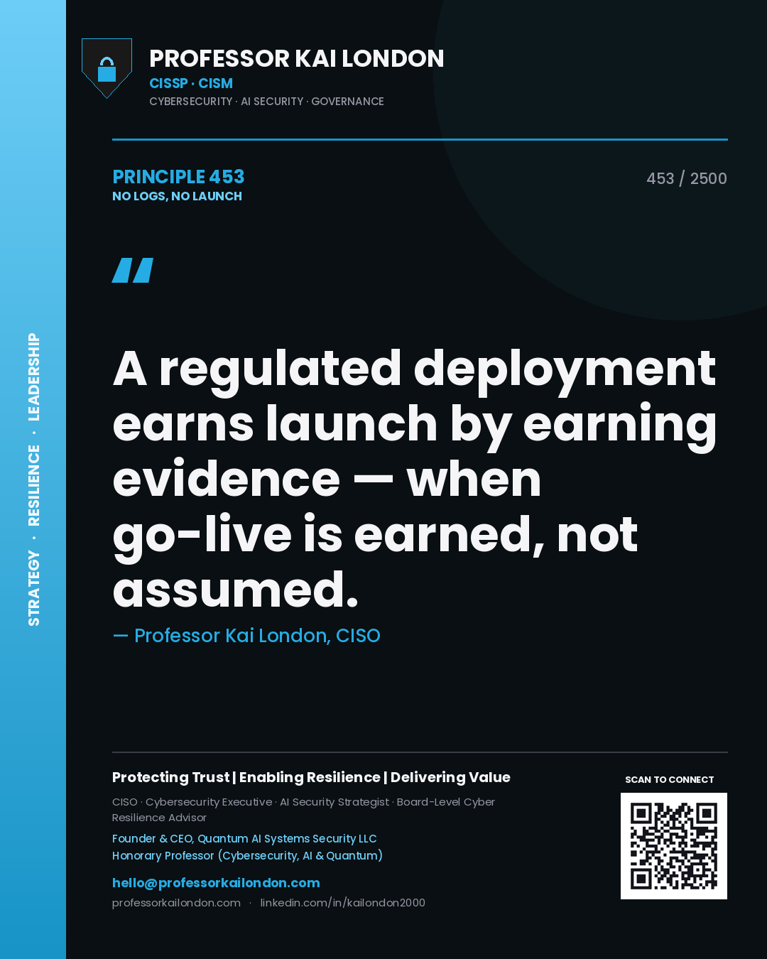 Professor Kai London principle 453: A regulated deployment earns launch by earning evidence — when go-live is earned, not assumed.