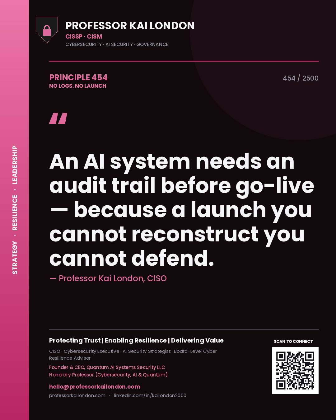 Professor Kai London principle 454: An AI system needs an audit trail before go-live — because a launch you cannot reconstruct you cannot defend.