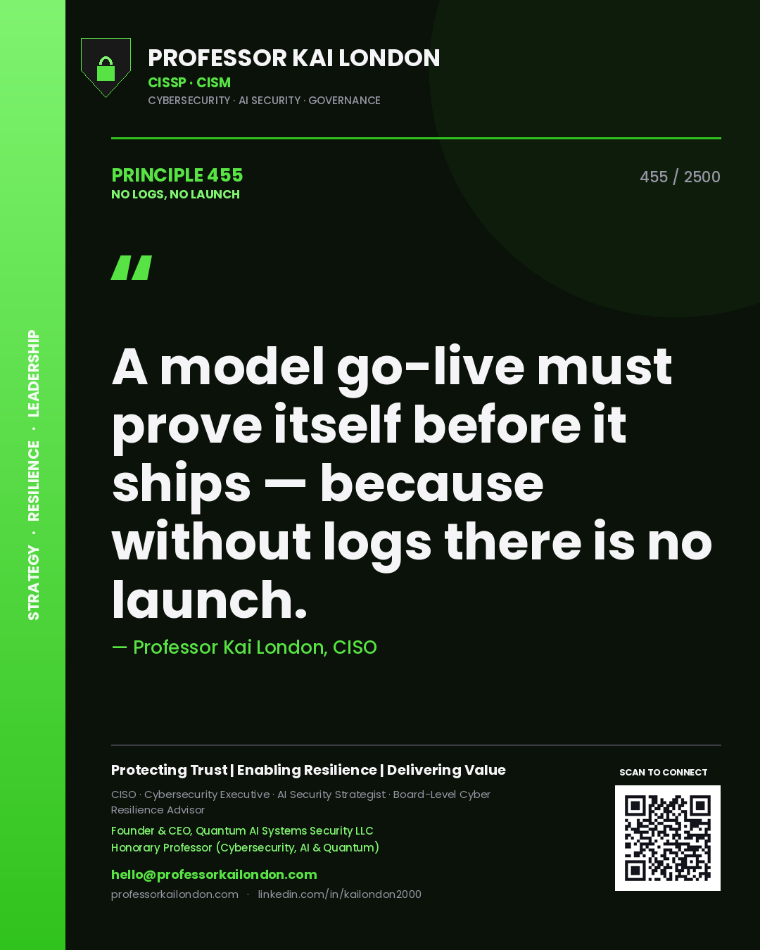 Professor Kai London principle 455: A model go-live must prove itself before it ships — because without logs there is no launch.