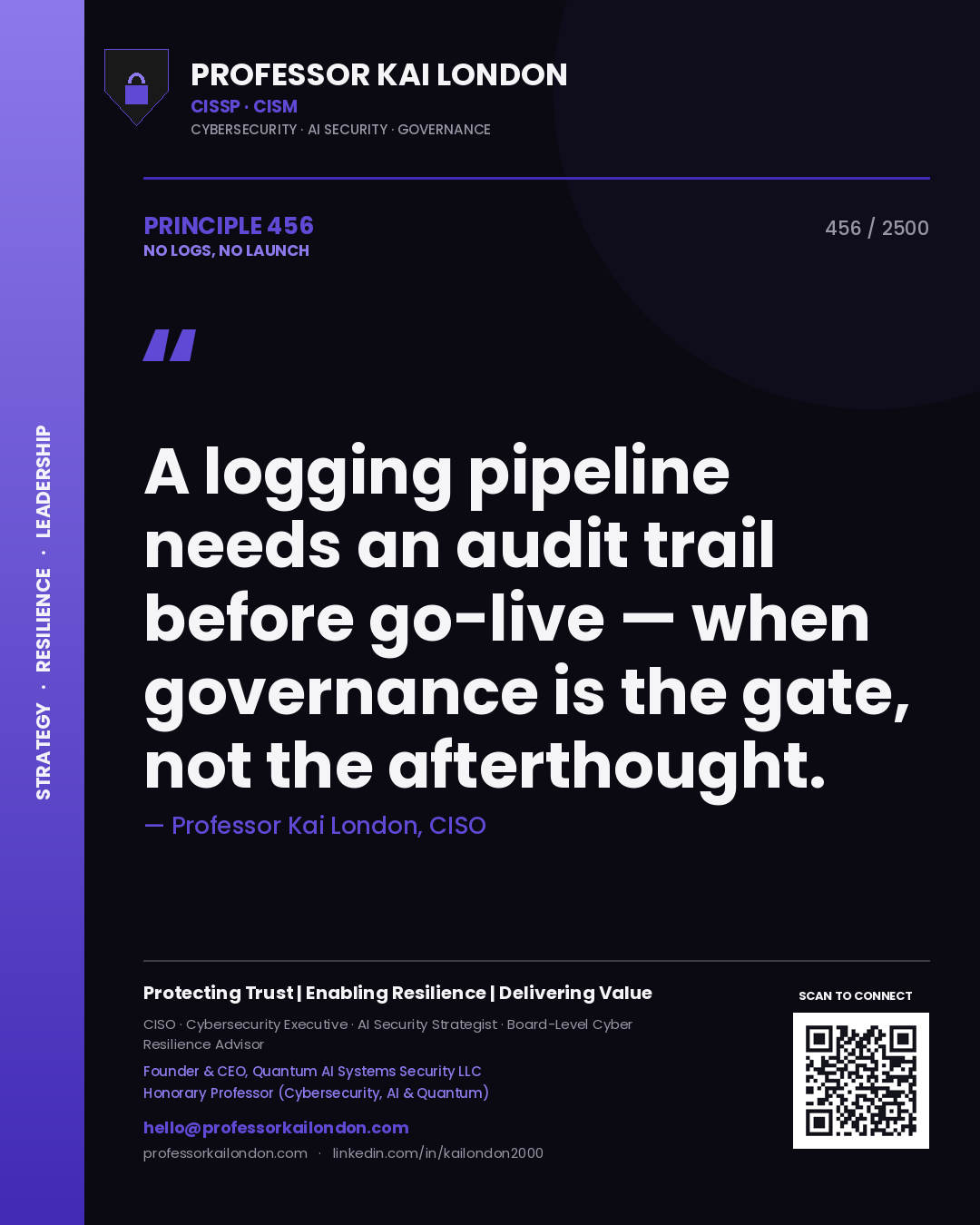 Professor Kai London principle 456: A logging pipeline needs an audit trail before go-live — when governance is the gate, not the afterthought.