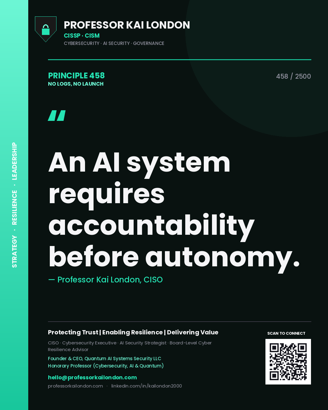 Professor Kai London principle 458: An AI system requires accountability before autonomy.