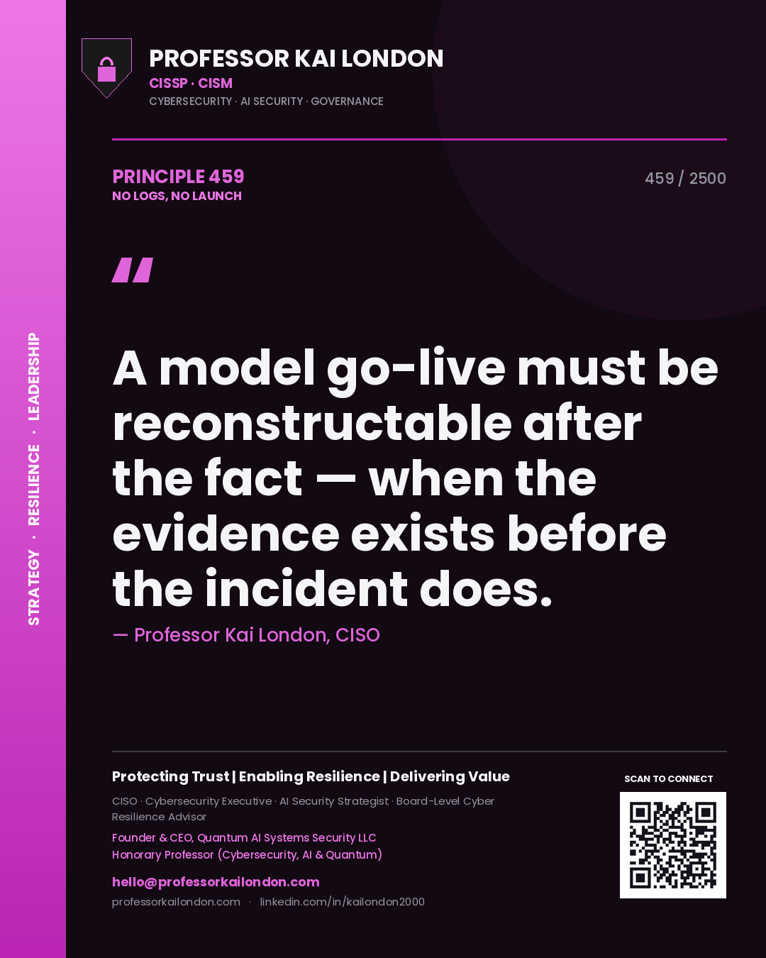 Professor Kai London principle 459: A model go-live must be reconstructable after the fact — when the evidence exists before the incident does.