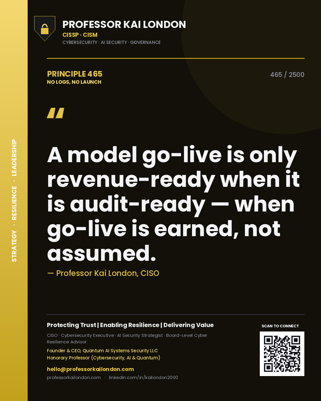 Professor Kai London principle 465: A model go-live is only revenue-ready when it is audit-ready — when go-live is earned, not assumed.