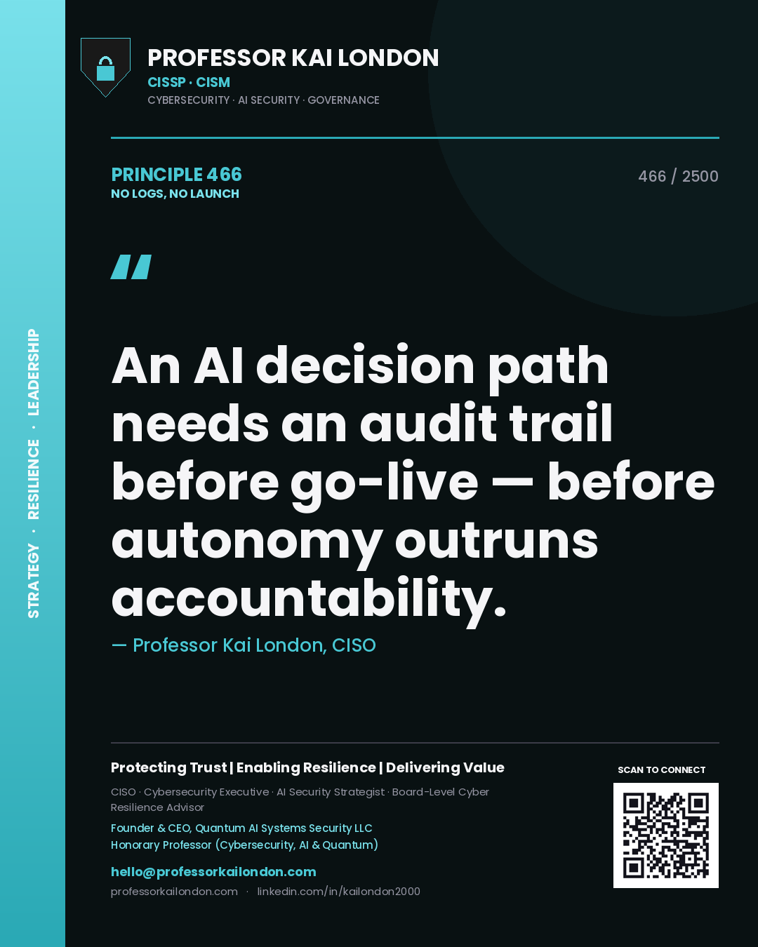 Professor Kai London principle 466: An AI decision path needs an audit trail before go-live — before autonomy outruns accountability.