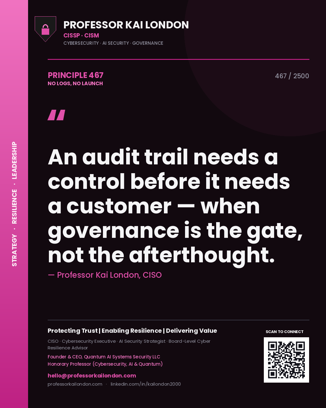 Professor Kai London principle 467: An audit trail needs a control before it needs a customer — when governance is the gate, not the afterthought.