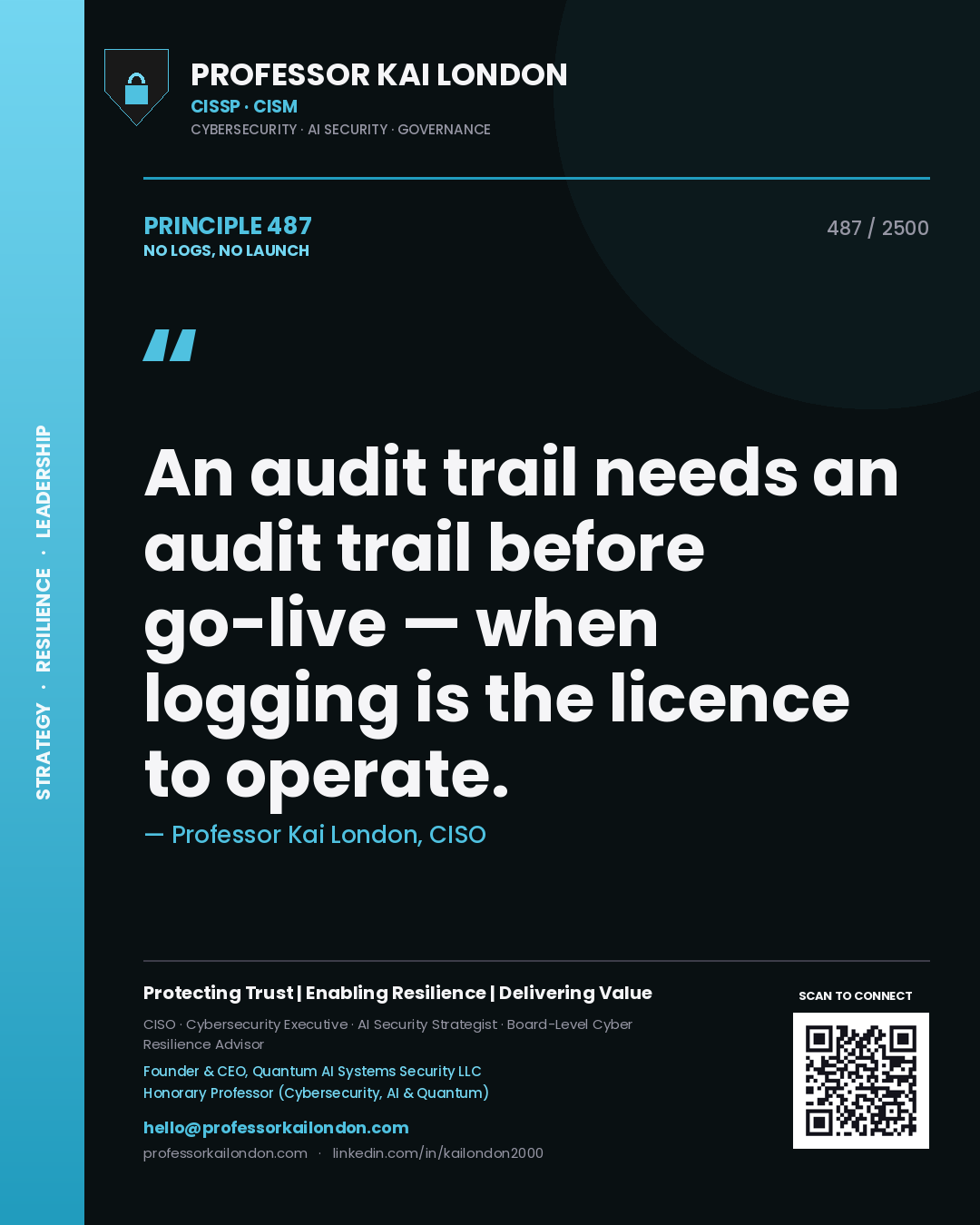 Professor Kai London principle 487: An audit trail needs an audit trail before go-live — when logging is the licence to operate.