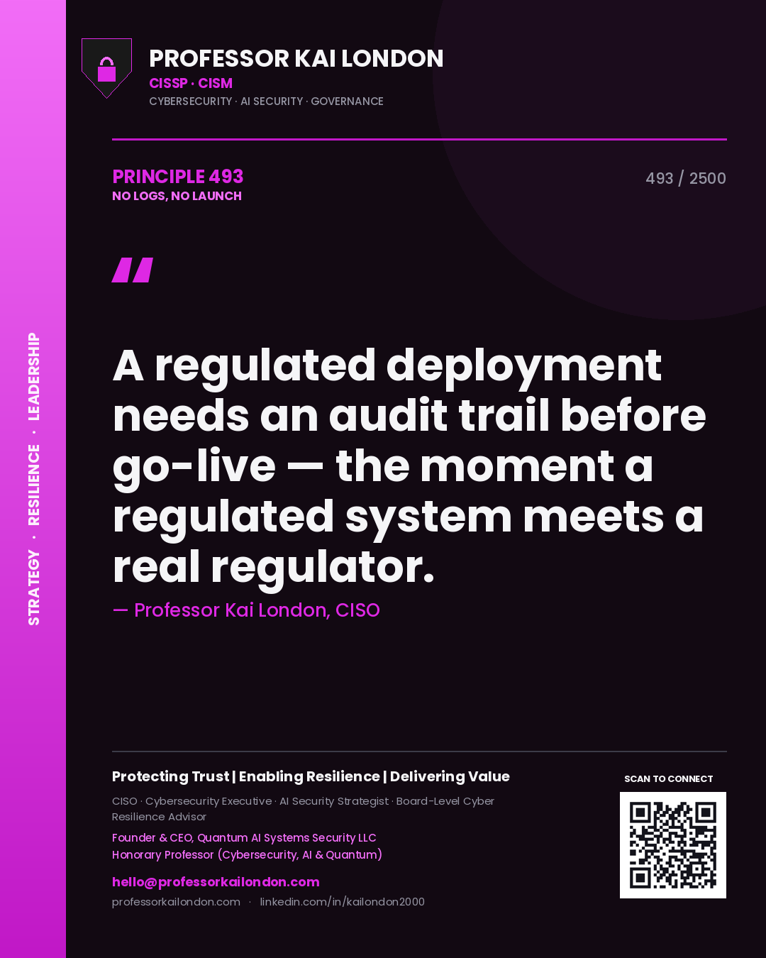 Professor Kai London principle 493: A regulated deployment needs an audit trail before go-live — the moment a regulated system meets a real regulator.