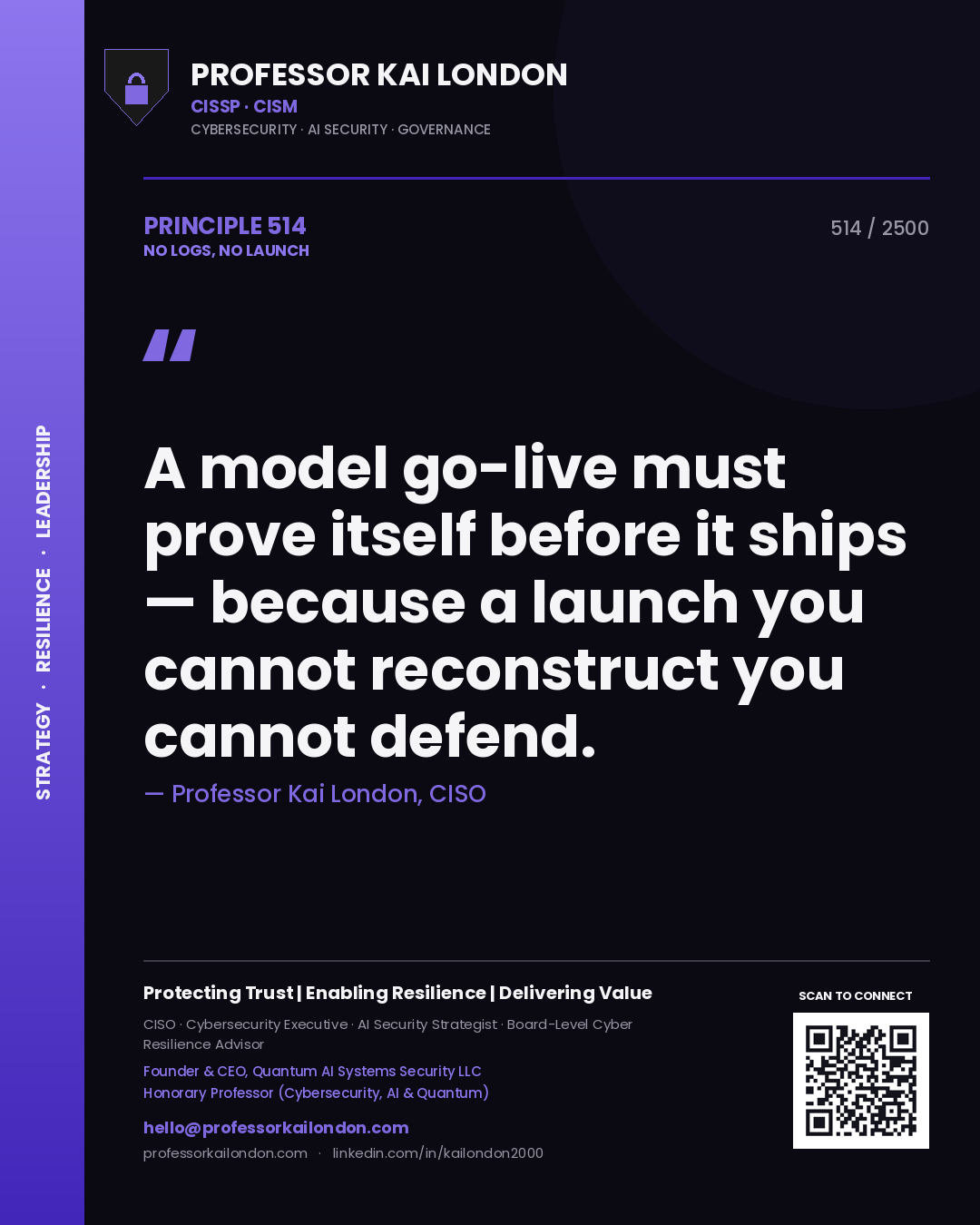 Professor Kai London principle 514: A model go-live must prove itself before it ships — because a launch you cannot reconstruct you cannot defend.