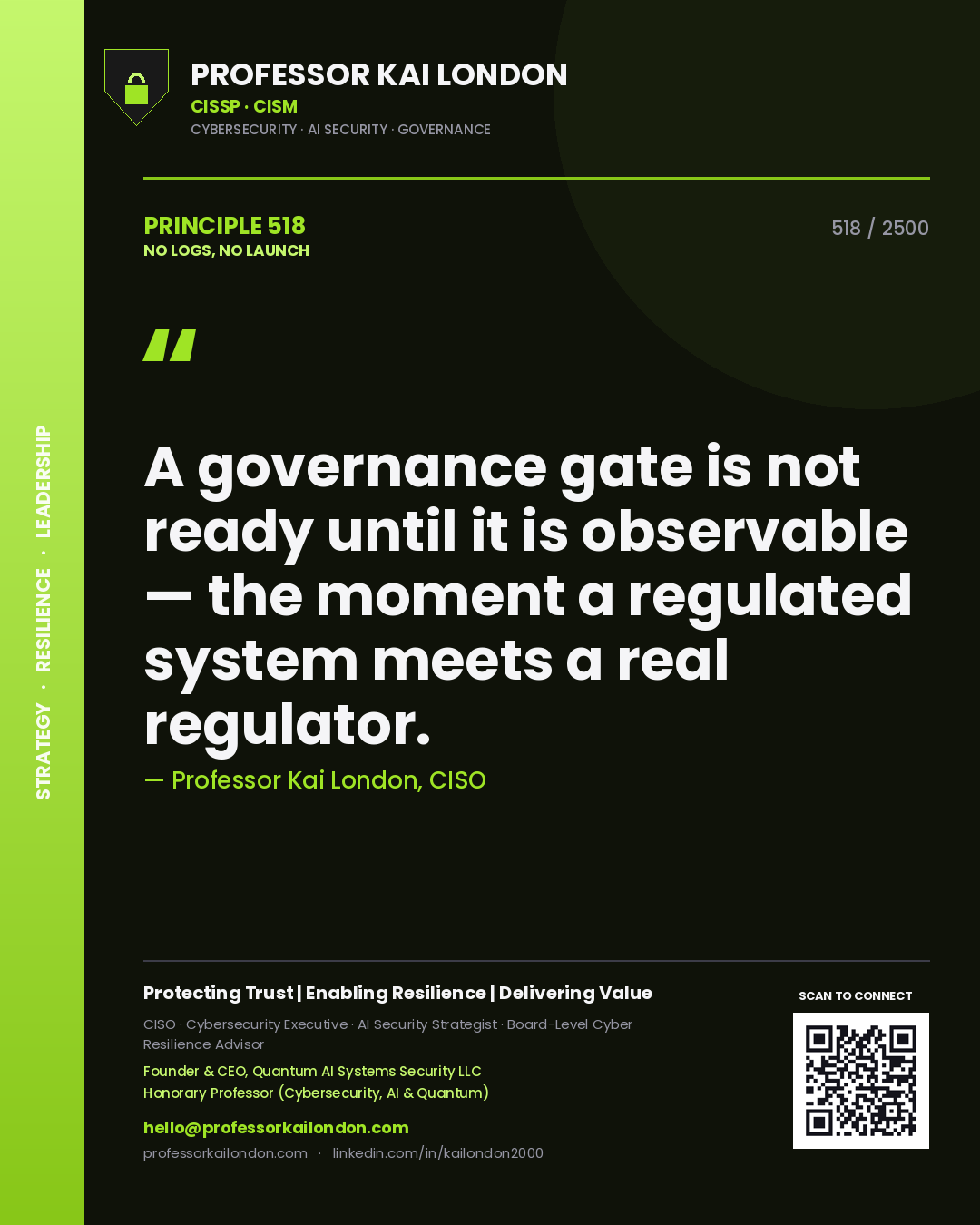 Professor Kai London principle 518: A governance gate is not ready until it is observable — the moment a regulated system meets a real regulator.