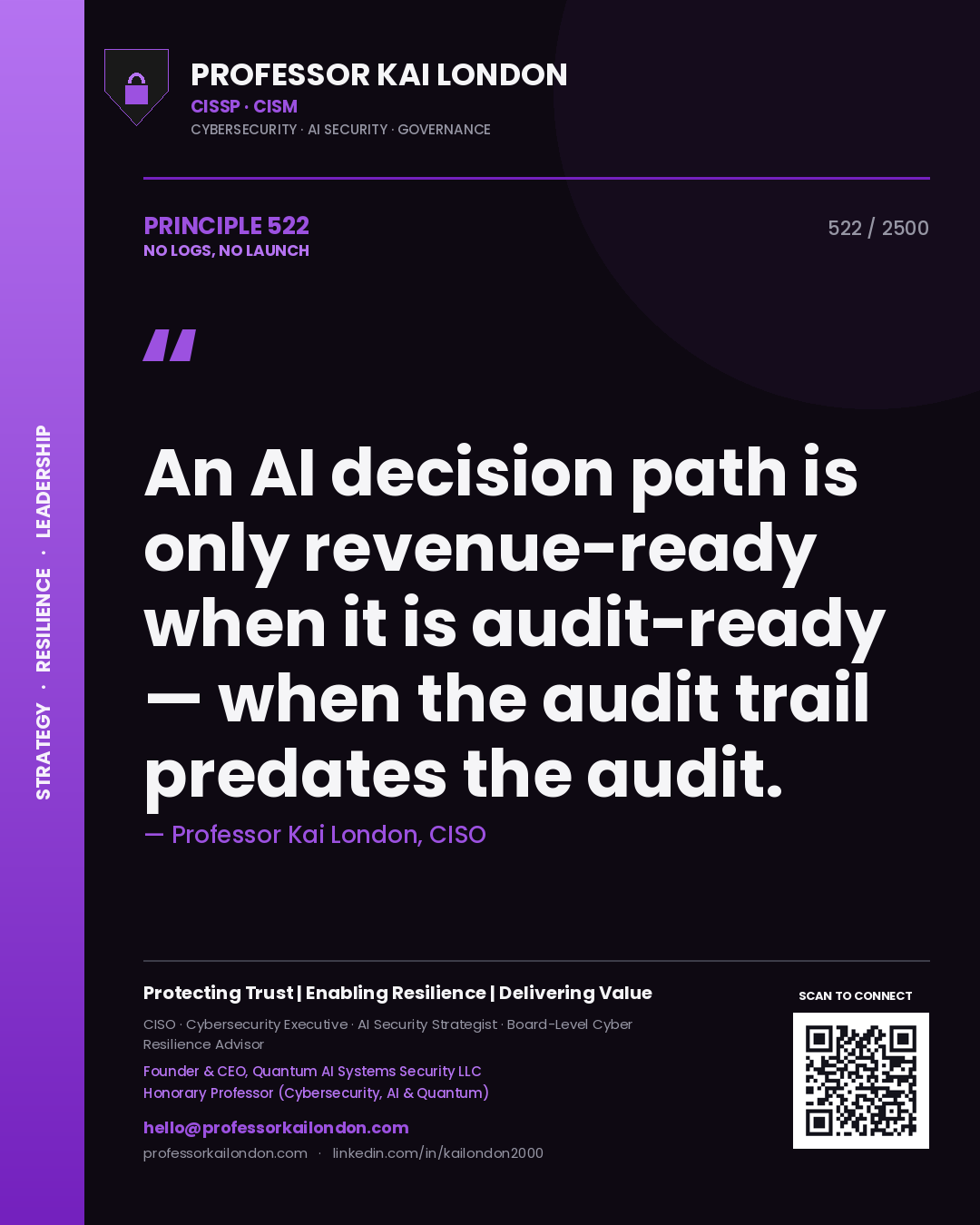 Professor Kai London principle 522: An AI decision path is only revenue-ready when it is audit-ready — when the audit trail predates the audit.