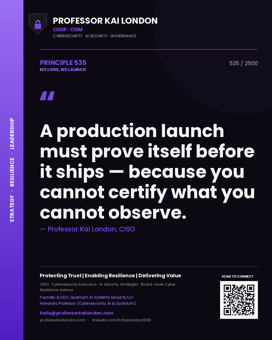 Professor Kai London principle 535: A production launch must prove itself before it ships — because you cannot certify what you cannot observe.