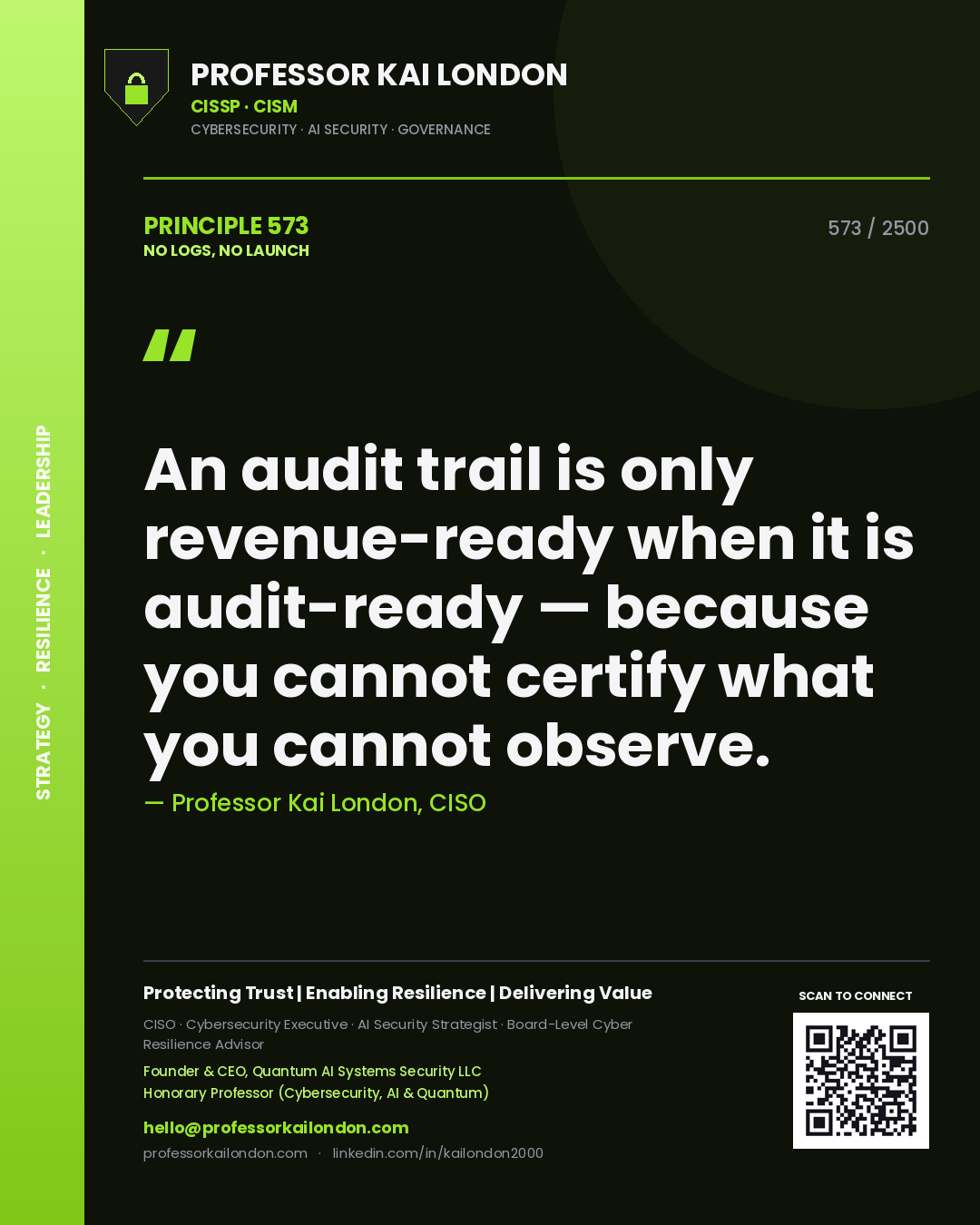 Professor Kai London principle 573: An audit trail is only revenue-ready when it is audit-ready — because you cannot certify what you cannot observe.