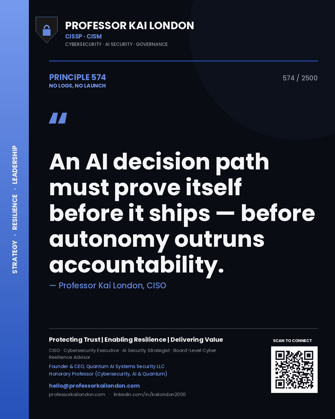 Professor Kai London principle 574: An AI decision path must prove itself before it ships — before autonomy outruns accountability.