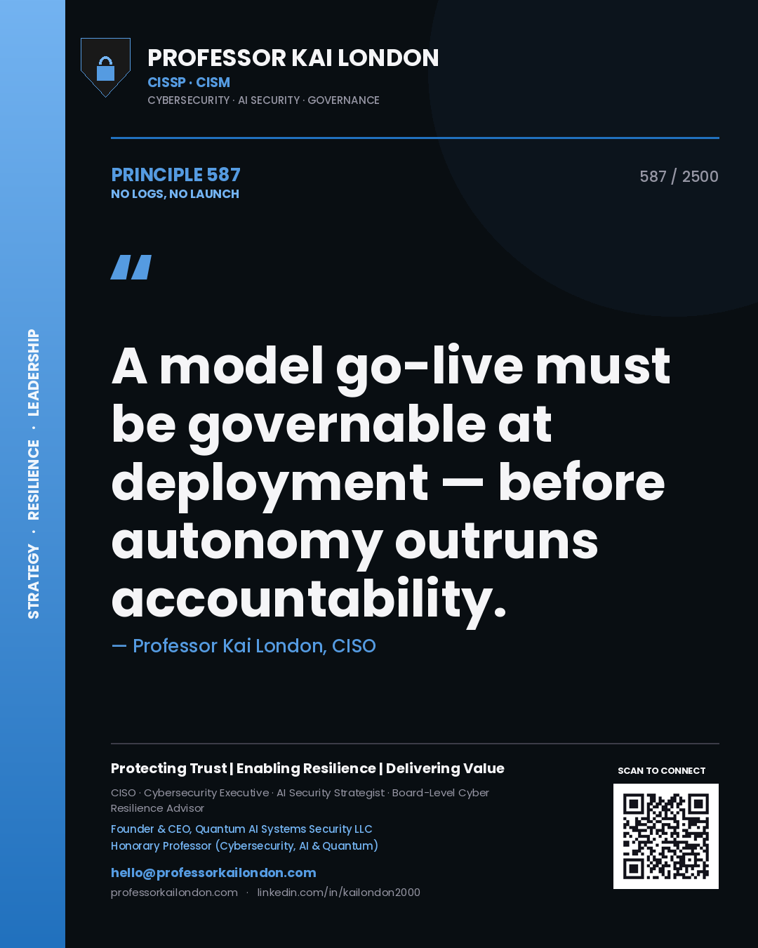 Professor Kai London principle 587: A model go-live must be governable at deployment — before autonomy outruns accountability.