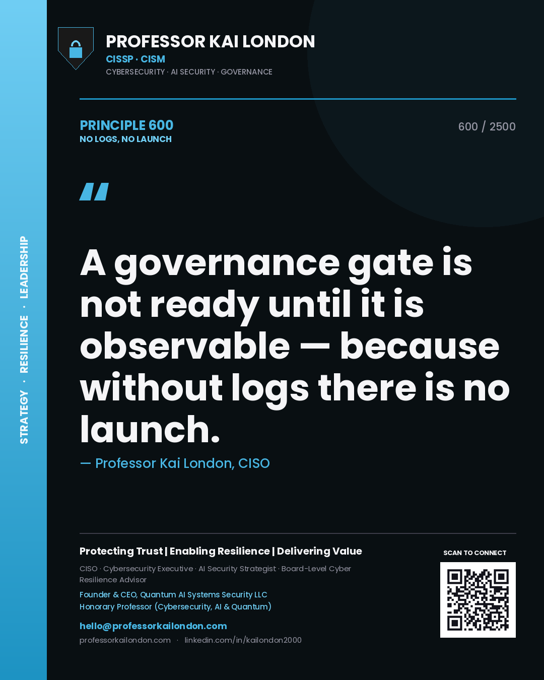 Professor Kai London principle 600: A governance gate is not ready until it is observable — because without logs there is no launch.