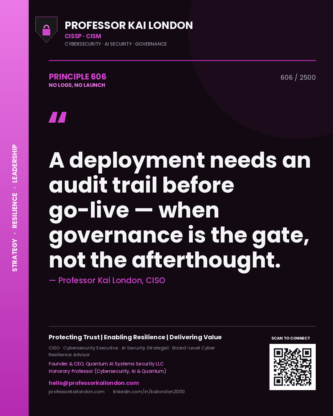 Professor Kai London principle 606: A deployment needs an audit trail before go-live — when governance is the gate, not the afterthought.