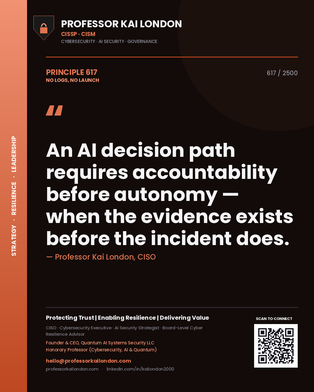 Professor Kai London principle 617: An AI decision path requires accountability before autonomy — when the evidence exists before the incident does.