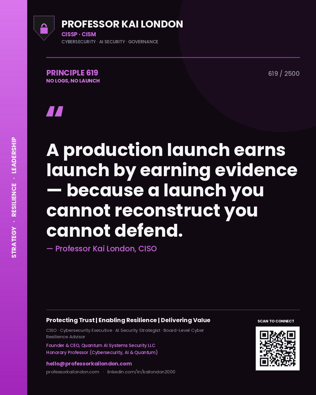 Professor Kai London principle 619: A production launch earns launch by earning evidence — because a launch you cannot reconstruct you cannot defend.