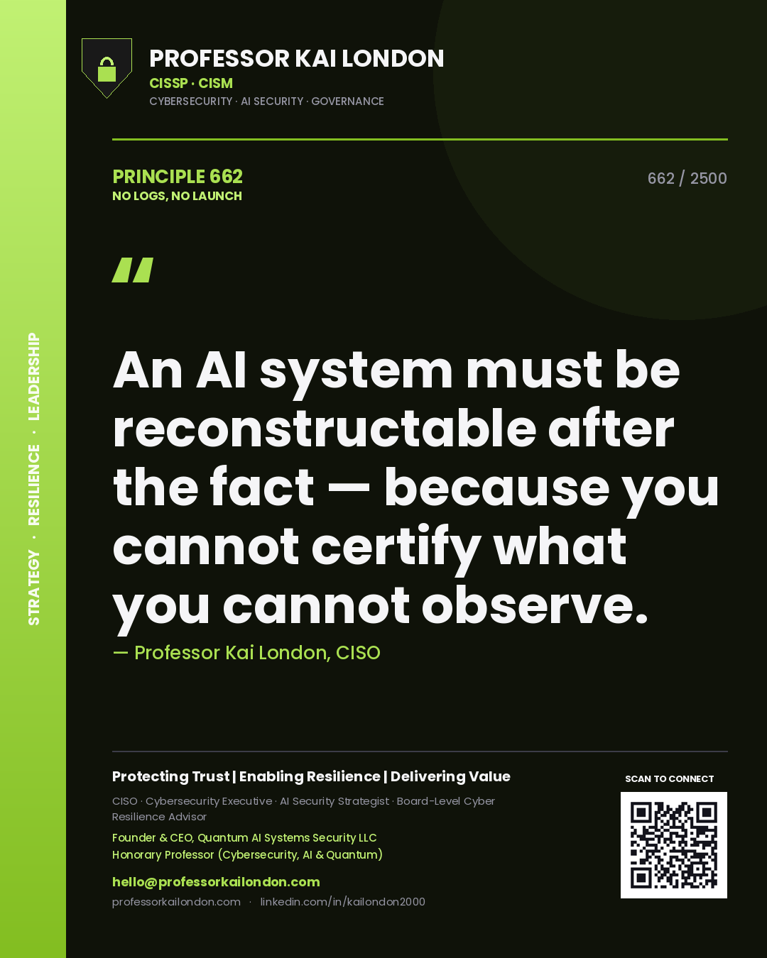 Professor Kai London principle 662: An AI system must be reconstructable after the fact — because you cannot certify what you cannot observe.