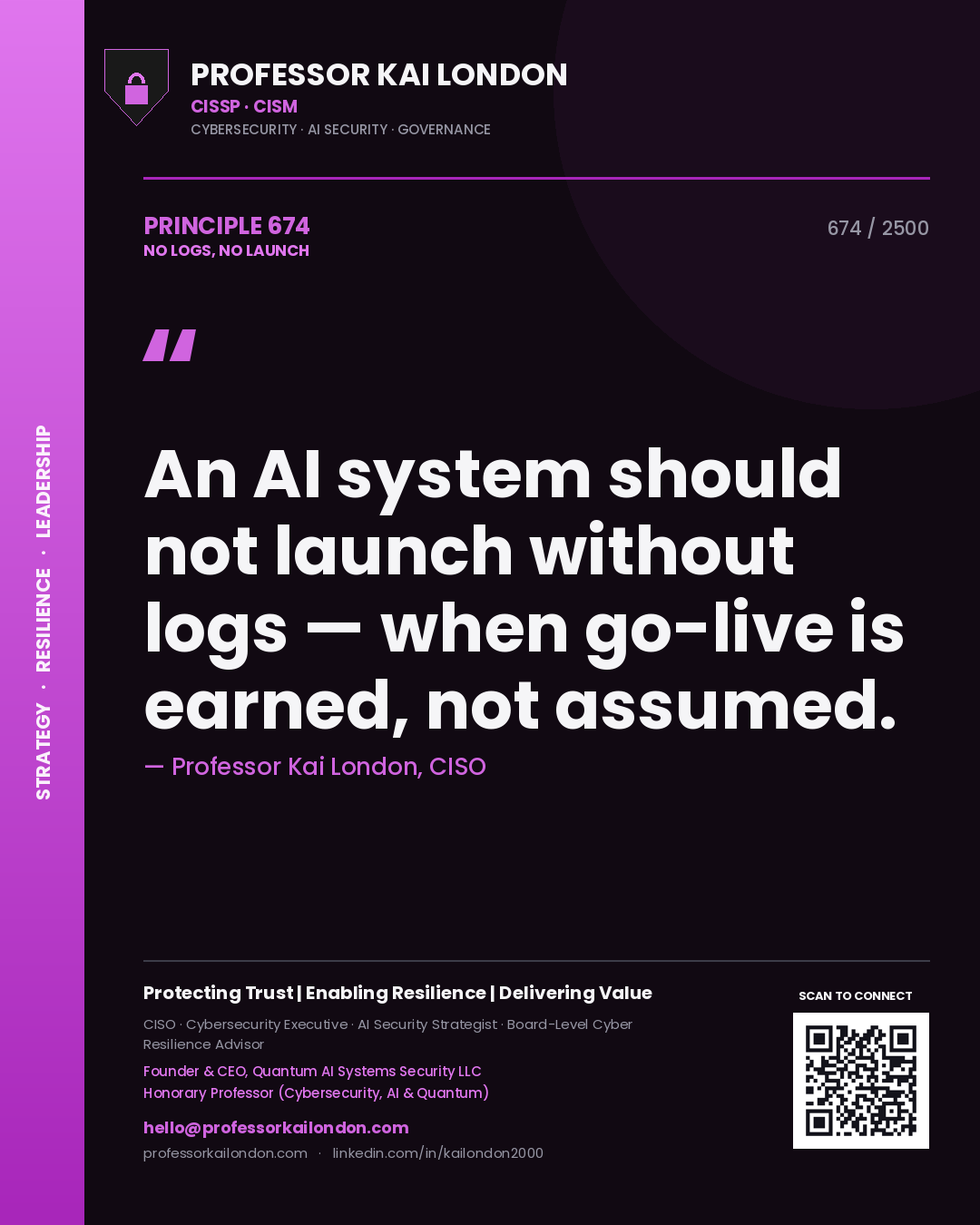 Professor Kai London principle 674: An AI system should not launch without logs — when go-live is earned, not assumed.