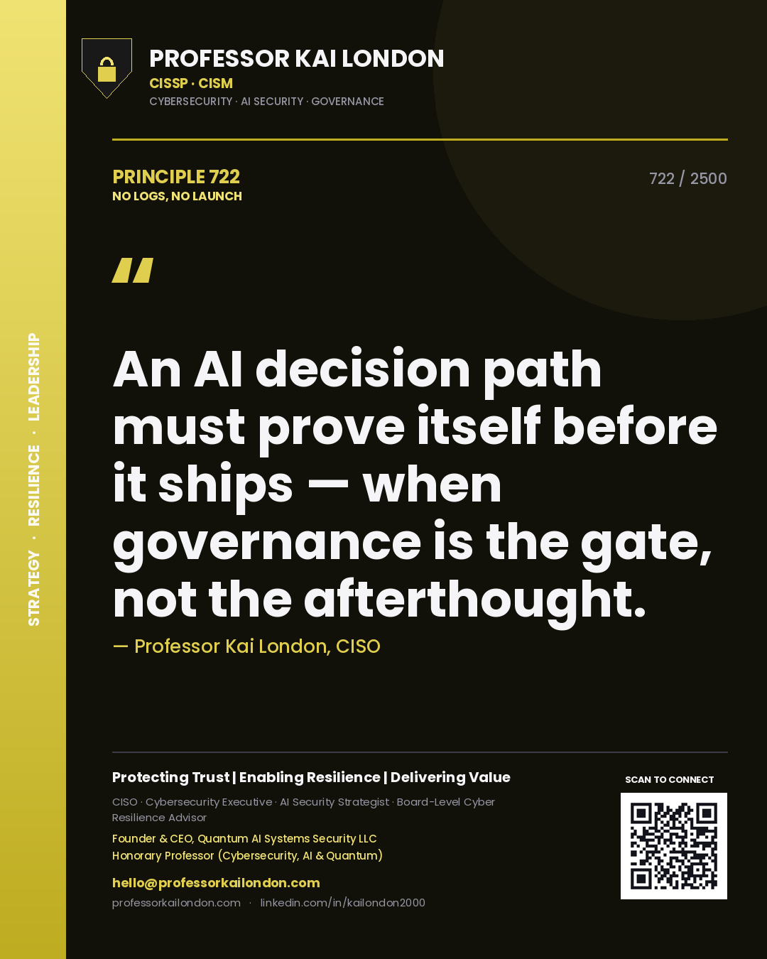 Professor Kai London principle 722: An AI decision path must prove itself before it ships — when governance is the gate, not the afterthought.