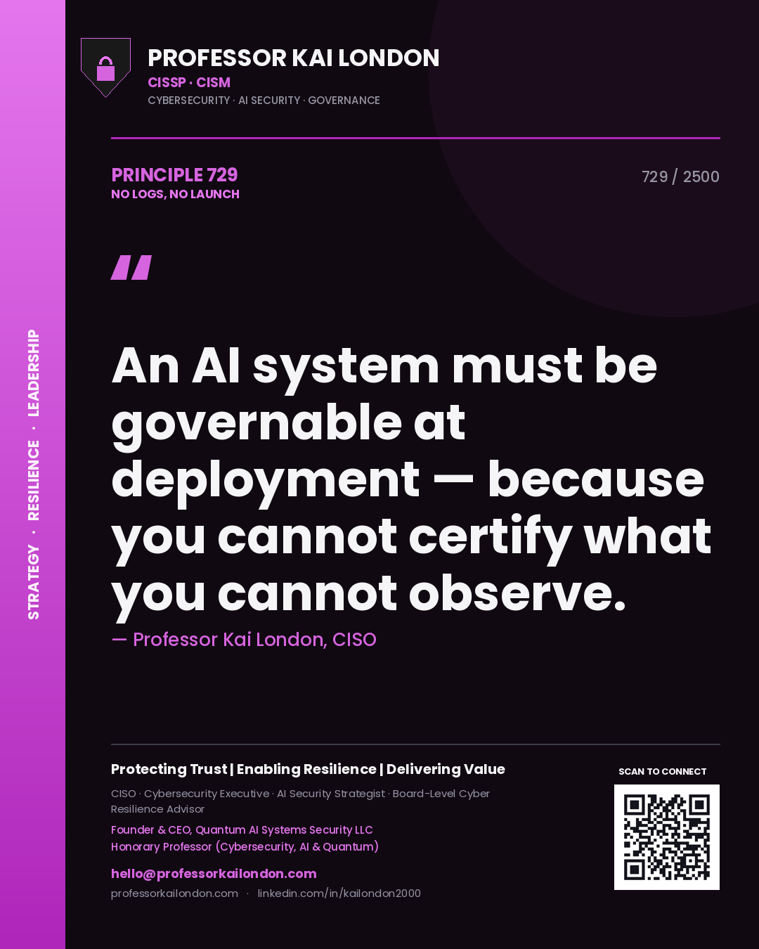 Professor Kai London principle 729: An AI system must be governable at deployment — because you cannot certify what you cannot observe.