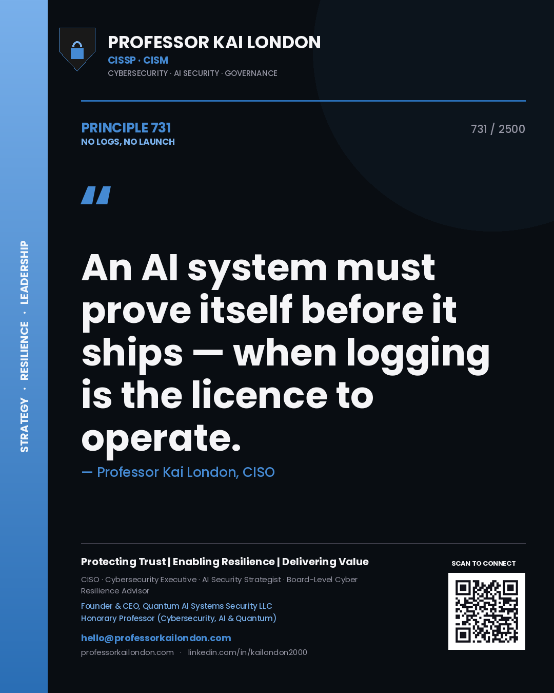 Professor Kai London principle 731: An AI system must prove itself before it ships — when logging is the licence to operate.