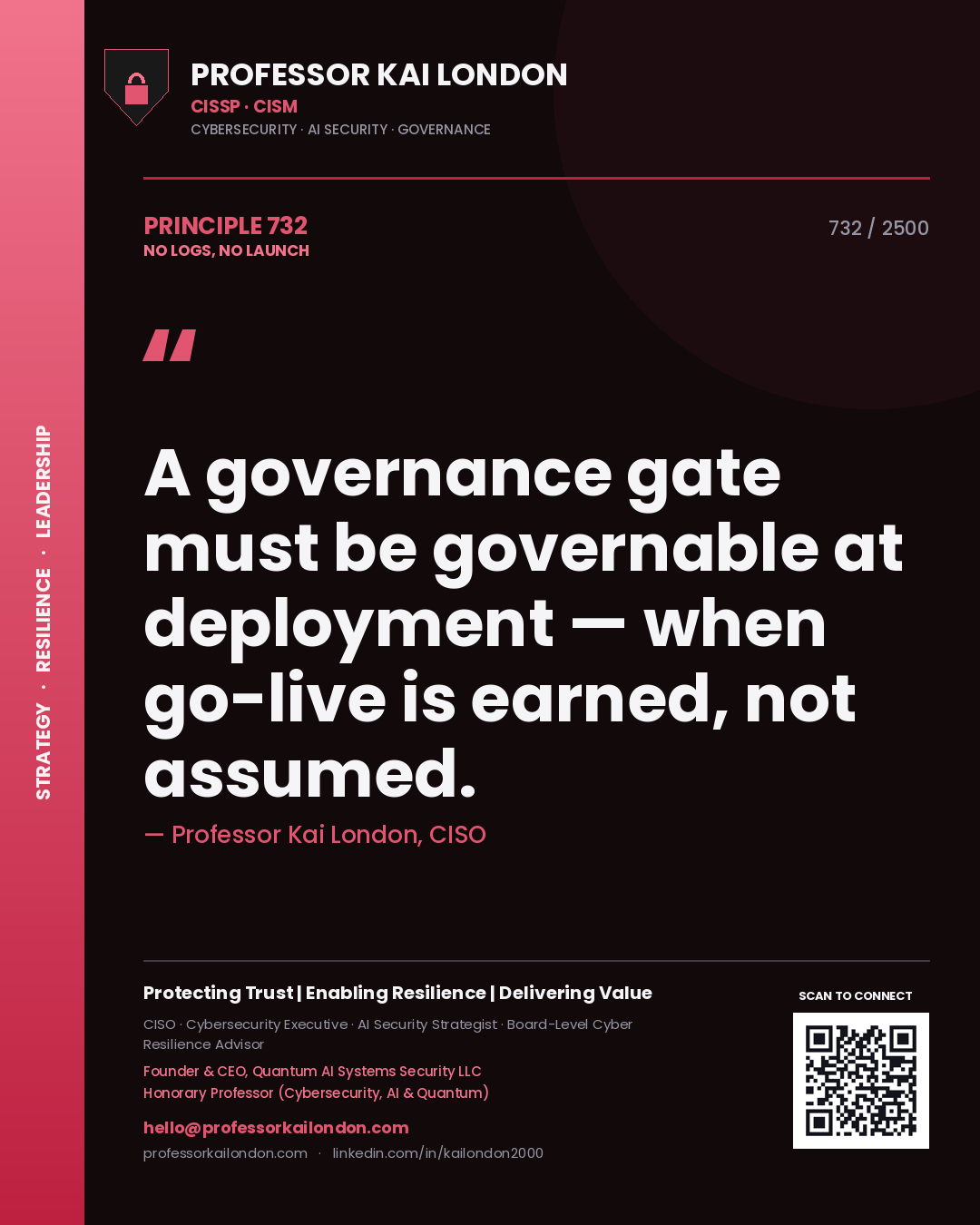 Professor Kai London principle 732: A governance gate must be governable at deployment — when go-live is earned, not assumed.