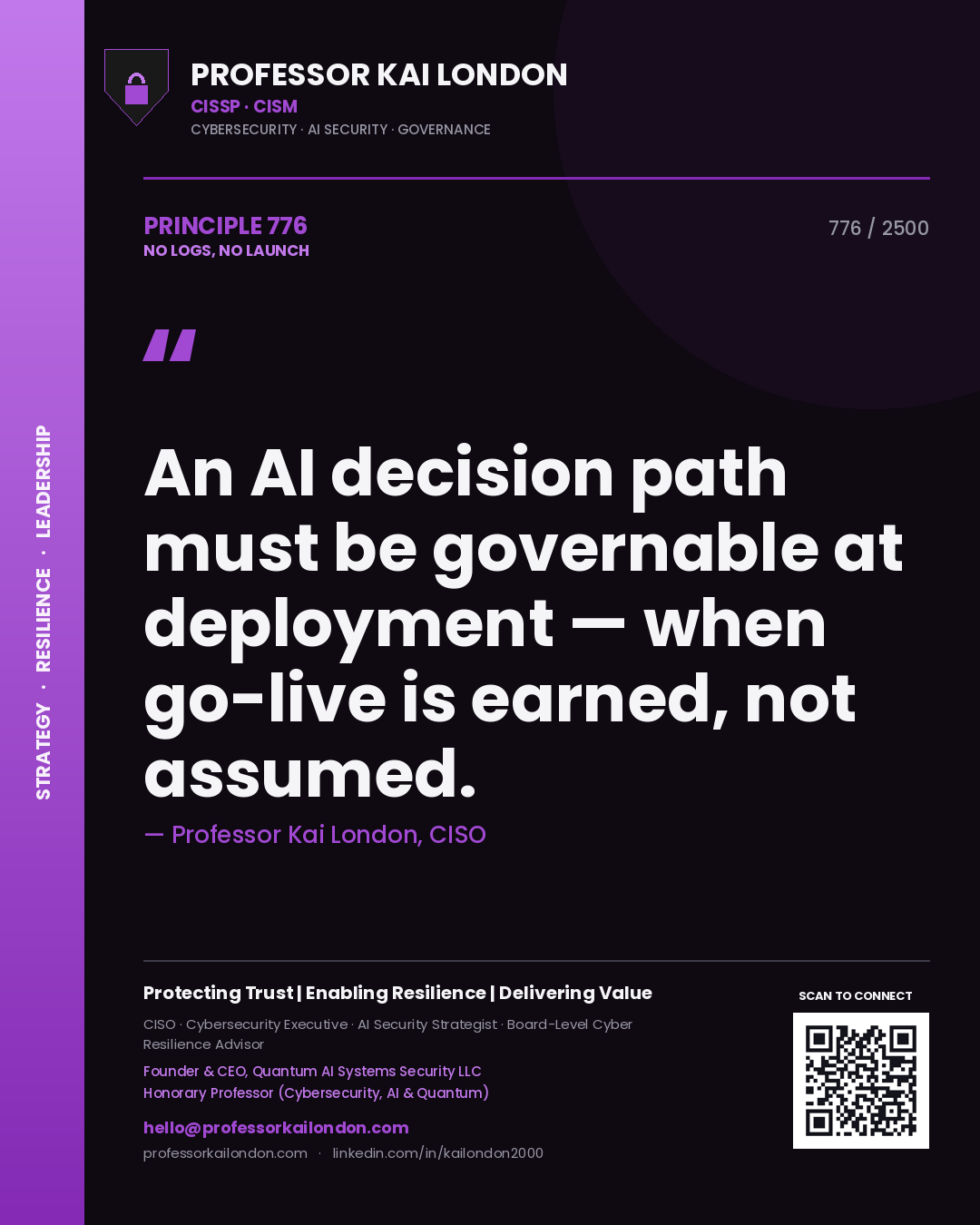 Professor Kai London principle 776: An AI decision path must be governable at deployment — when go-live is earned, not assumed.