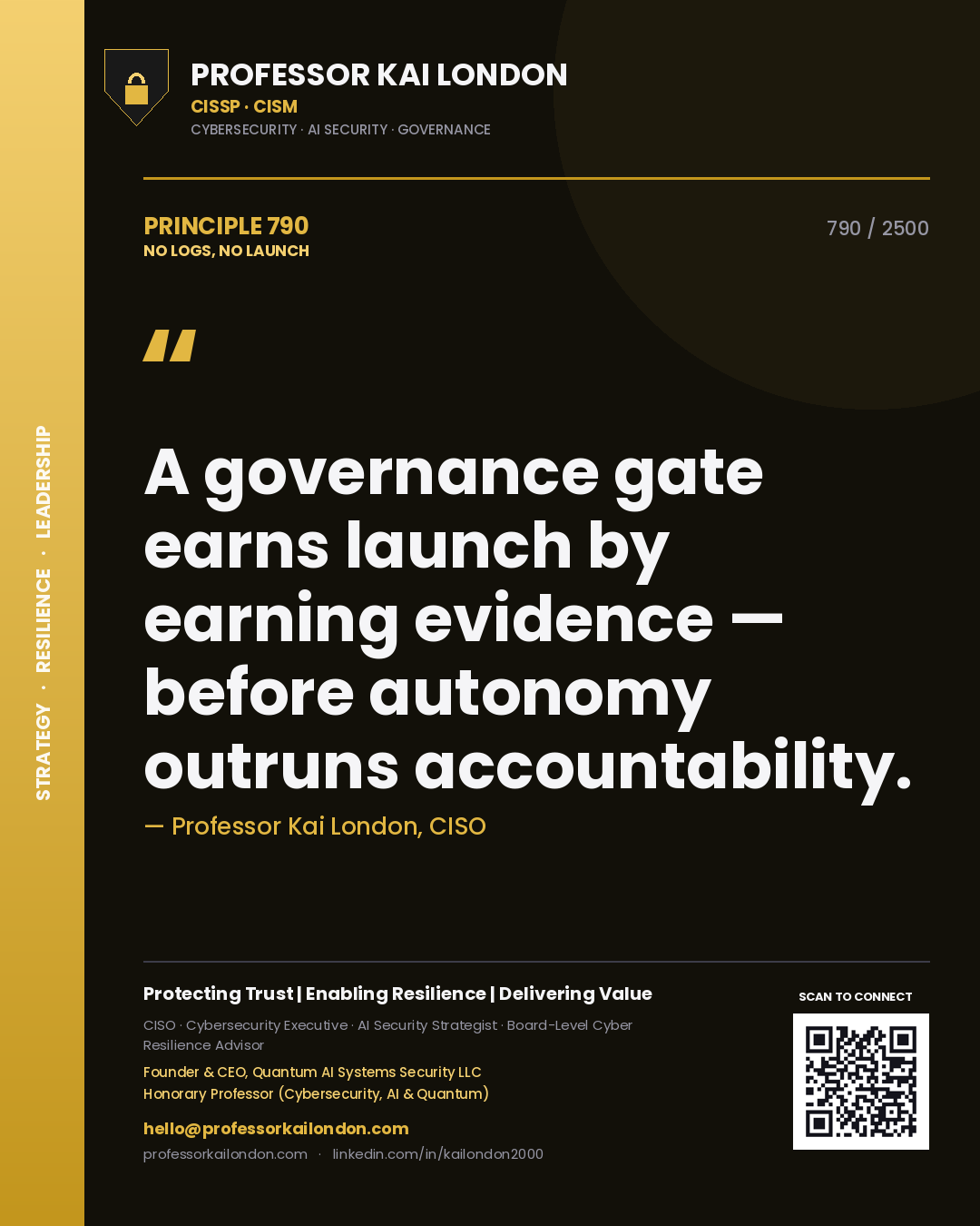 Professor Kai London principle 790: A governance gate earns launch by earning evidence — before autonomy outruns accountability.