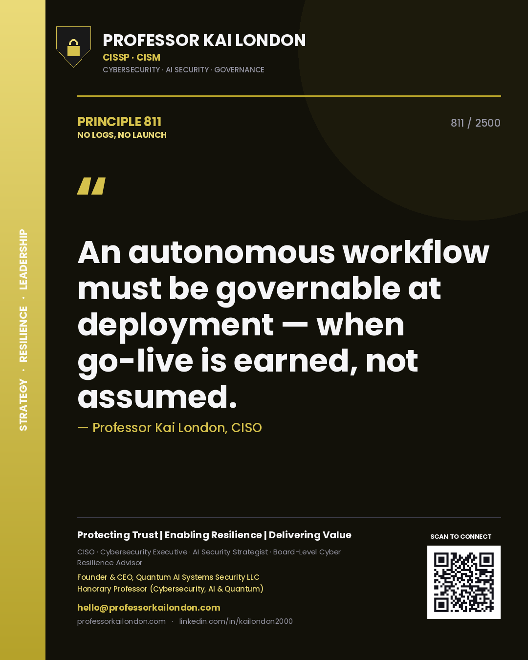 Professor Kai London principle 811: An autonomous workflow must be governable at deployment — when go-live is earned, not assumed.