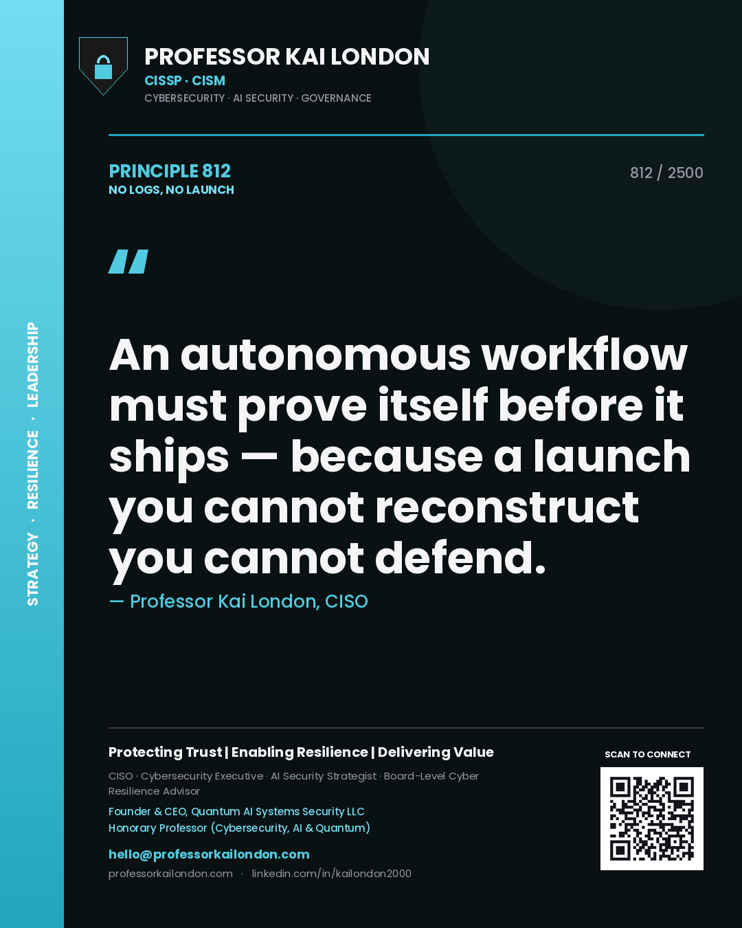 Professor Kai London principle 812: An autonomous workflow must prove itself before it ships — because a launch you cannot reconstruct you cannot defend.